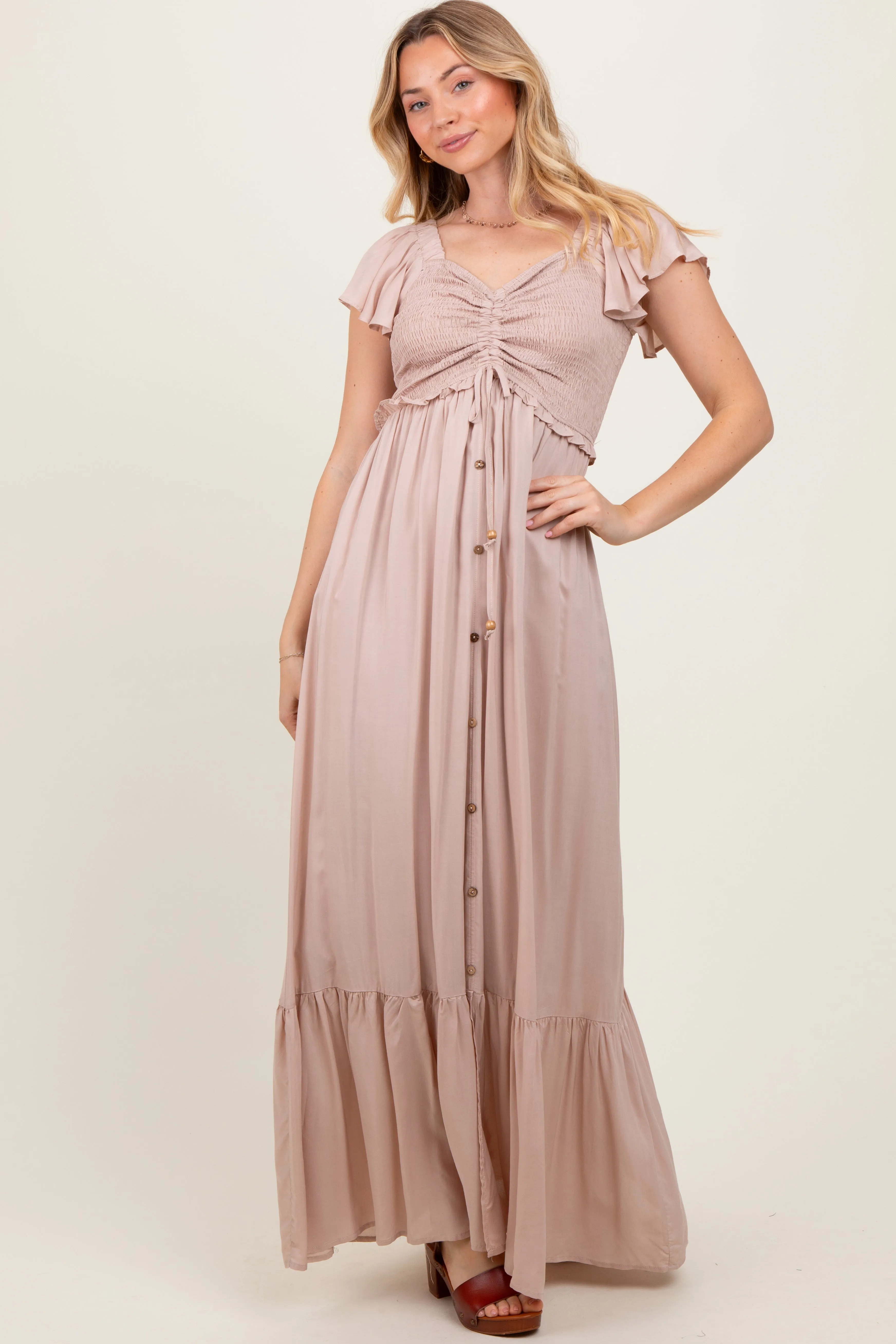 Taupe Smocked Top Woven Maxi Dress sold by Pinkblush product image thumbnail 2