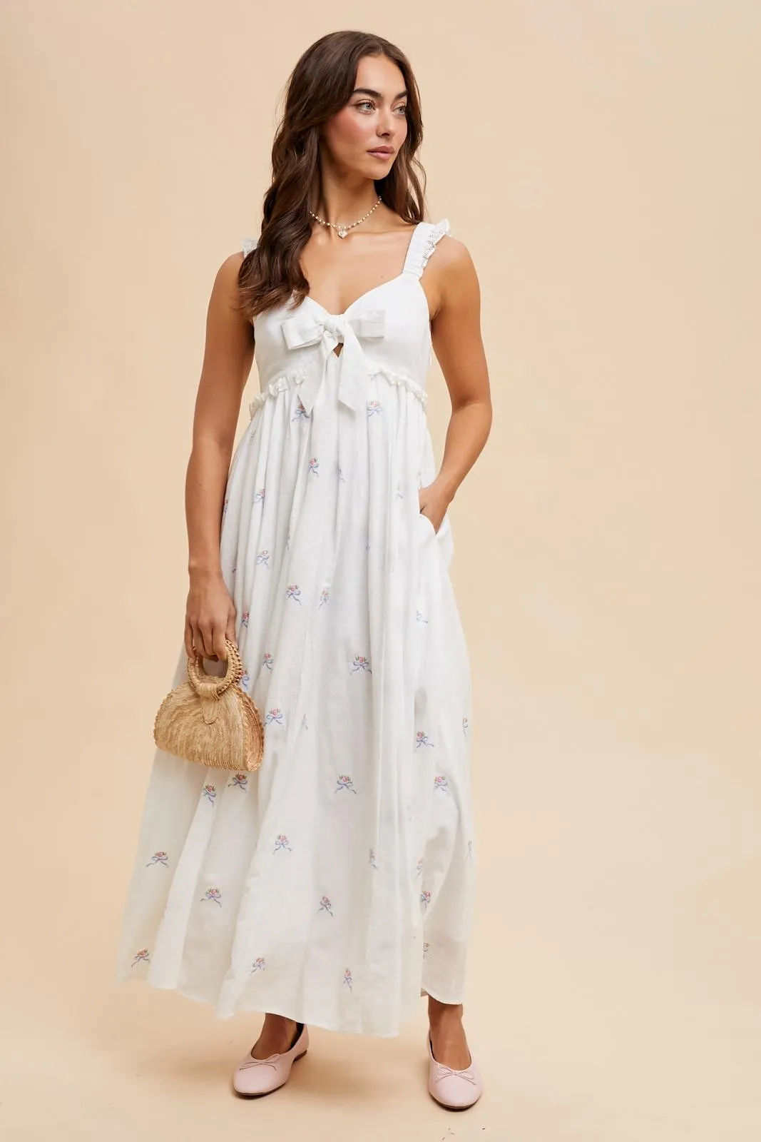 White Embroidered Front Bow Tie Maxi Dress sold by Pinkblush product image thumbnail 3