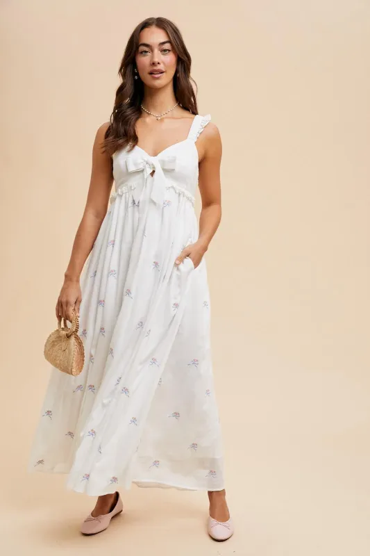 White Embroidered Front Bow Tie Maxi Dress sold by Pinkblush