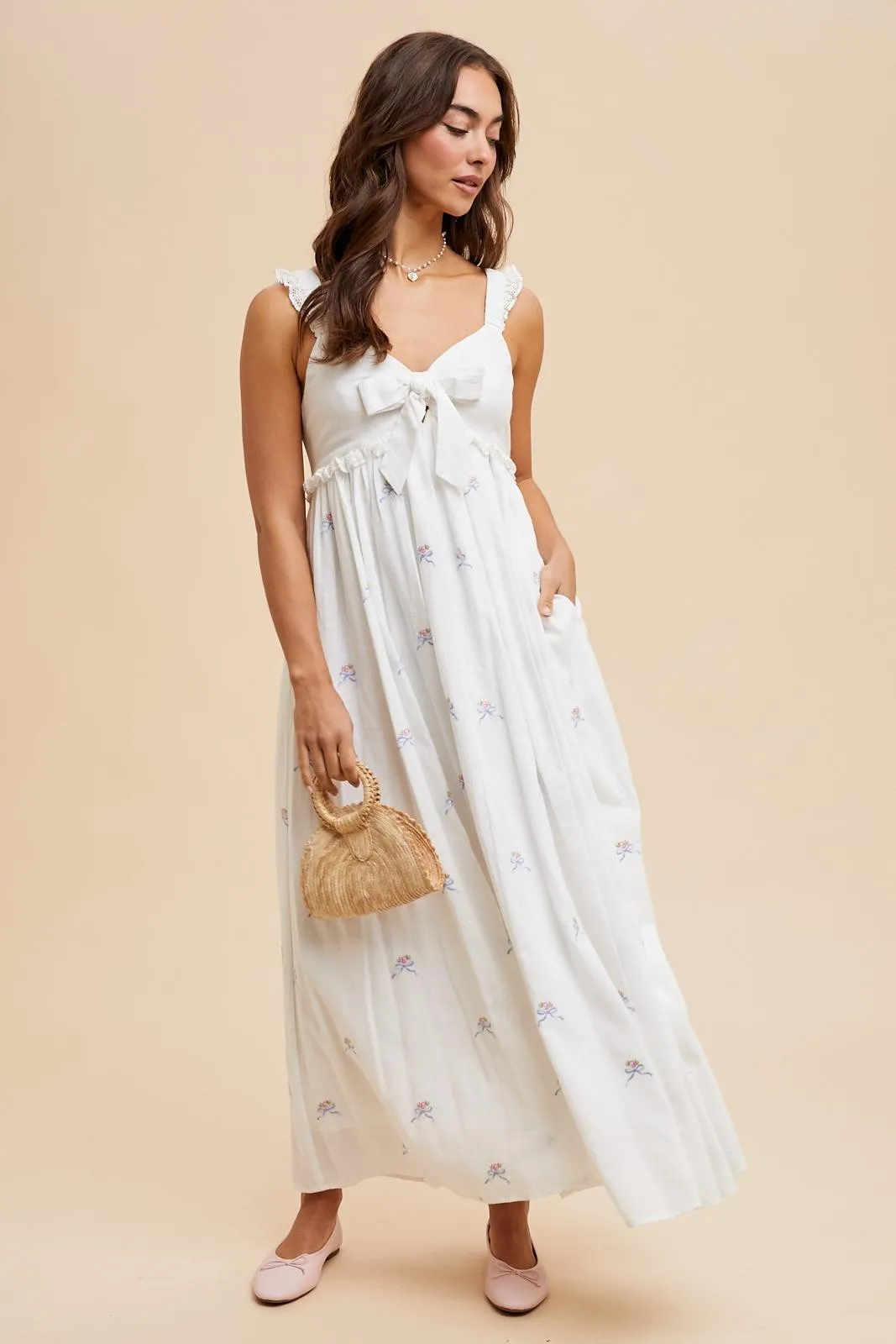 White Embroidered Front Bow Tie Maxi Dress sold by Pinkblush product image thumbnail 2