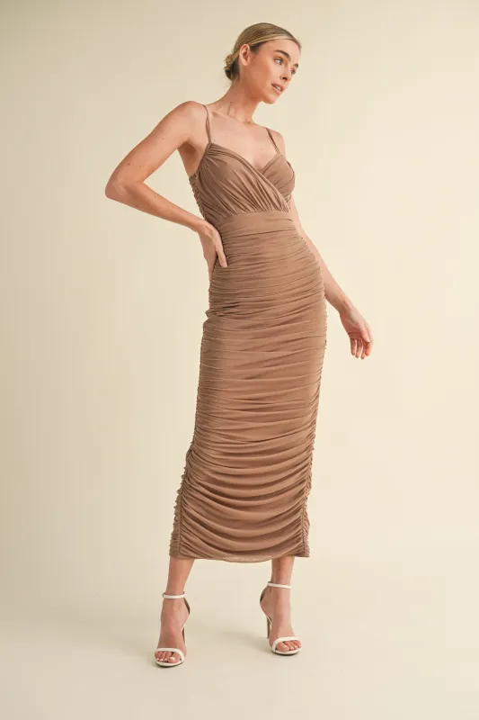 Mocha Mesh Ruched Fitted Midi Dress sold by Pinkblush