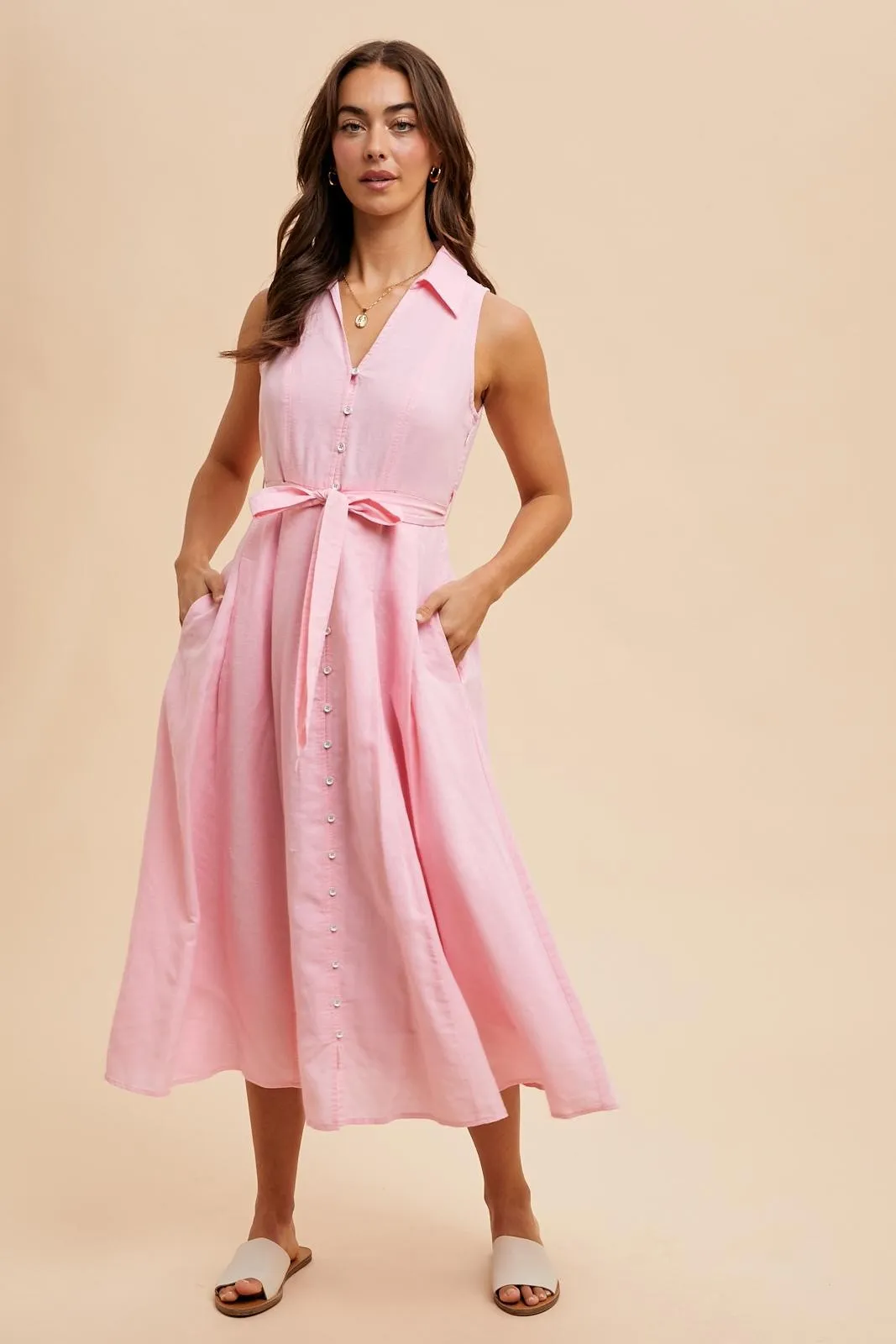 Light Pink Sleeveless Linen Blend Midi Shirt Dress sold by Pinkblush product image thumbnail 2