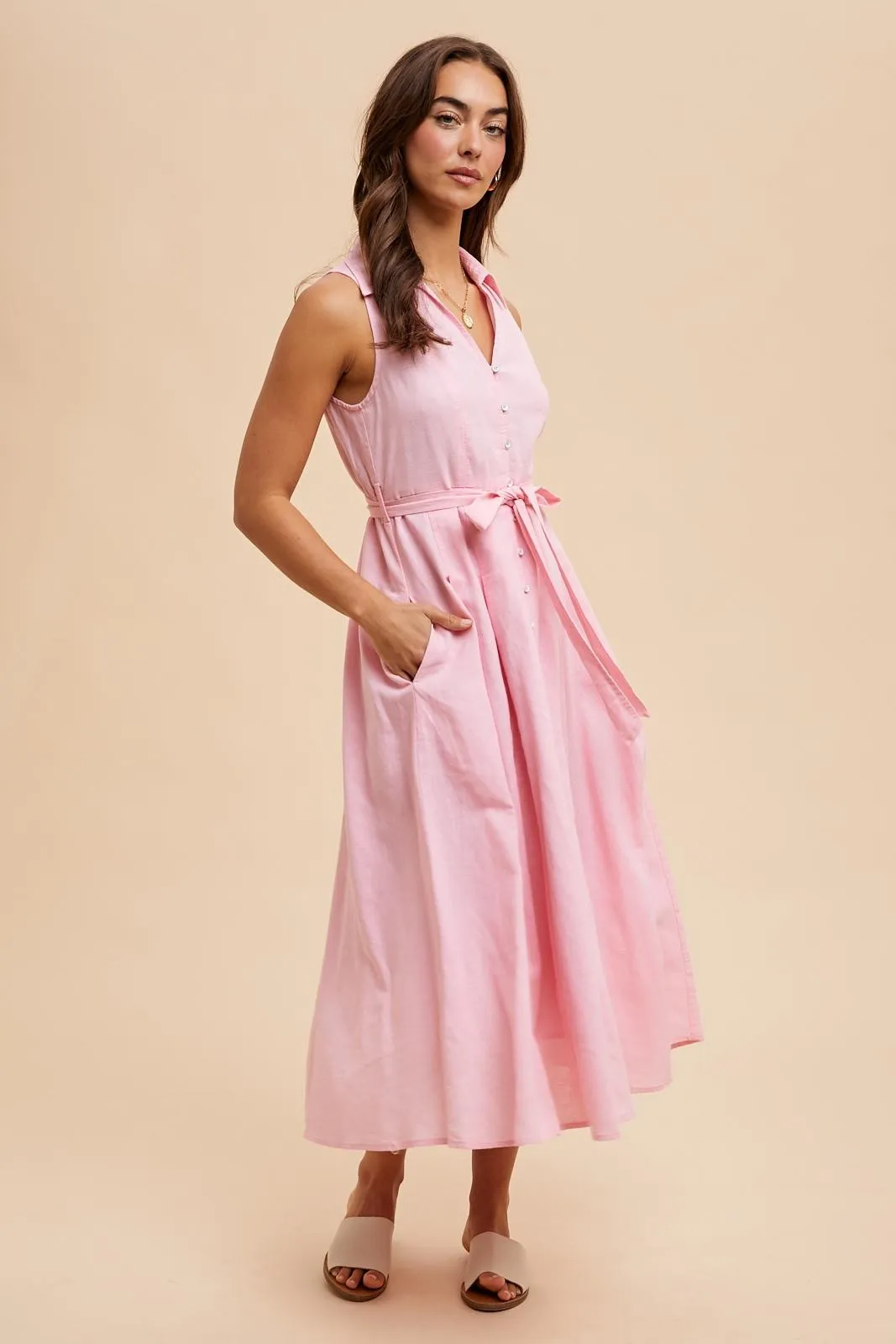 Light Pink Sleeveless Linen Blend Midi Shirt Dress sold by Pinkblush product image thumbnail 3