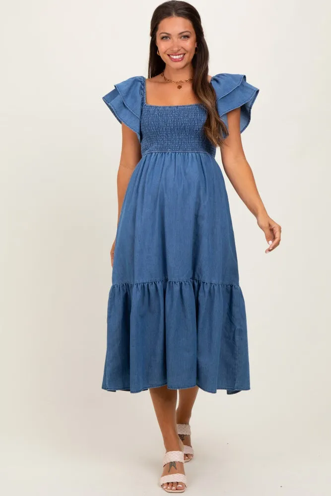 Blue Chambray Smocked Flutter Sleeve Maternity Dress sold by Pinkblush product image thumbnail 2