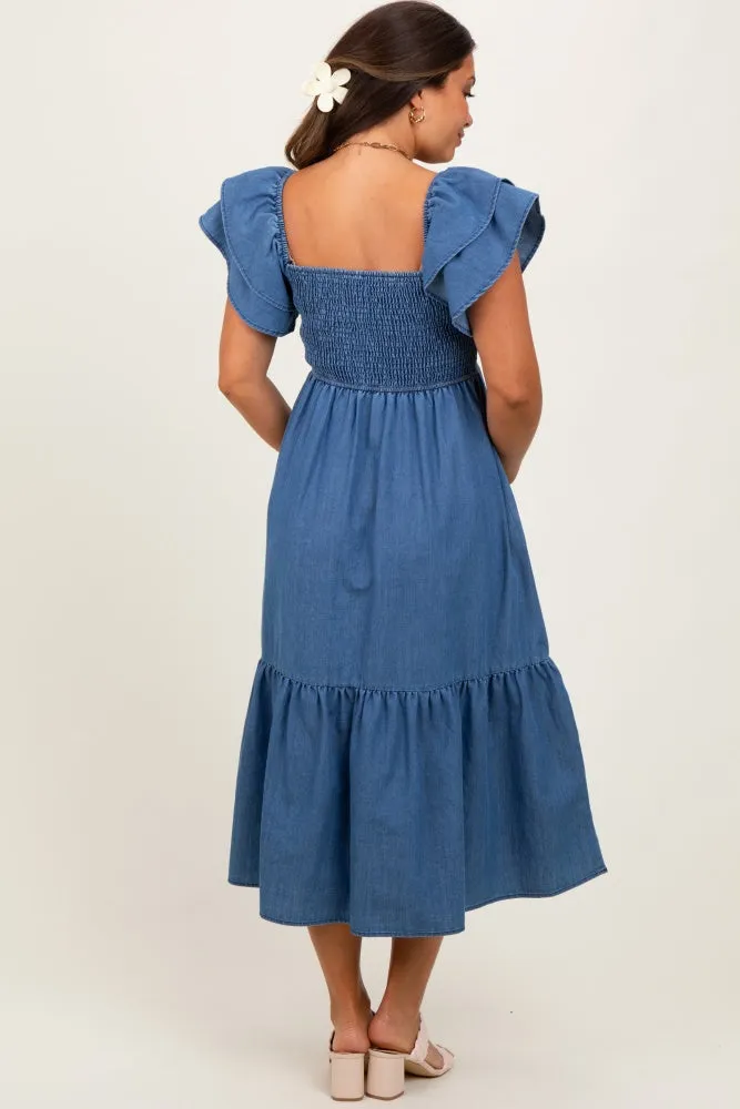 Blue Chambray Smocked Flutter Sleeve Maternity Dress sold by Pinkblush product image thumbnail 3