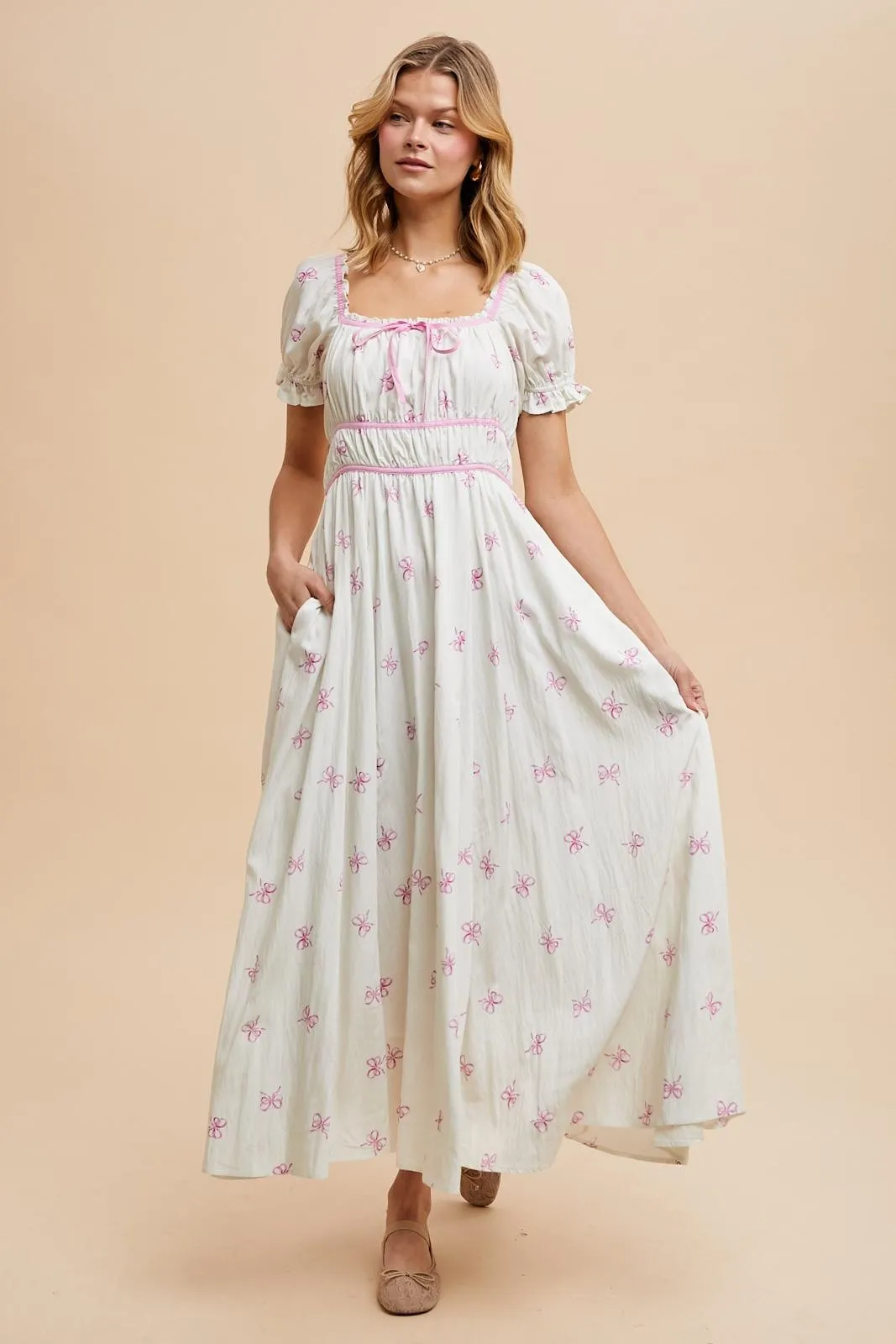 Ivory Bow Print Shirred Bodice Puff Sleeve Dress sold by Pinkblush product image thumbnail 3