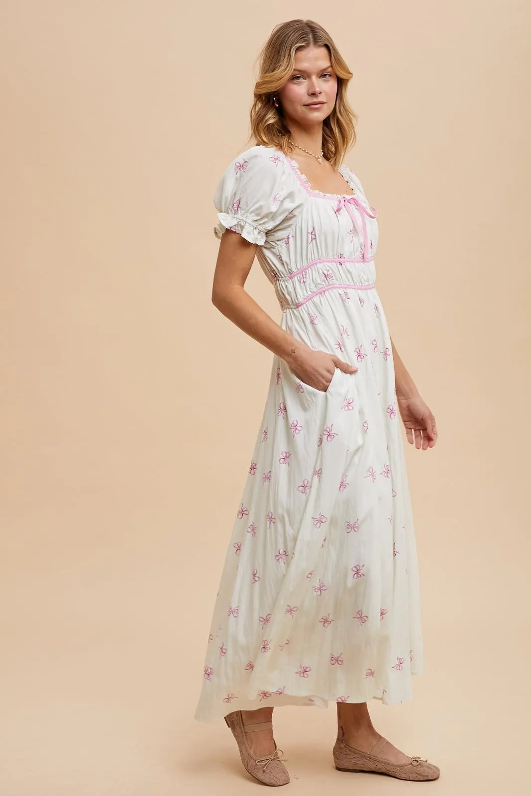 Ivory Bow Print Shirred Bodice Puff Sleeve Dress sold by Pinkblush product image thumbnail 4