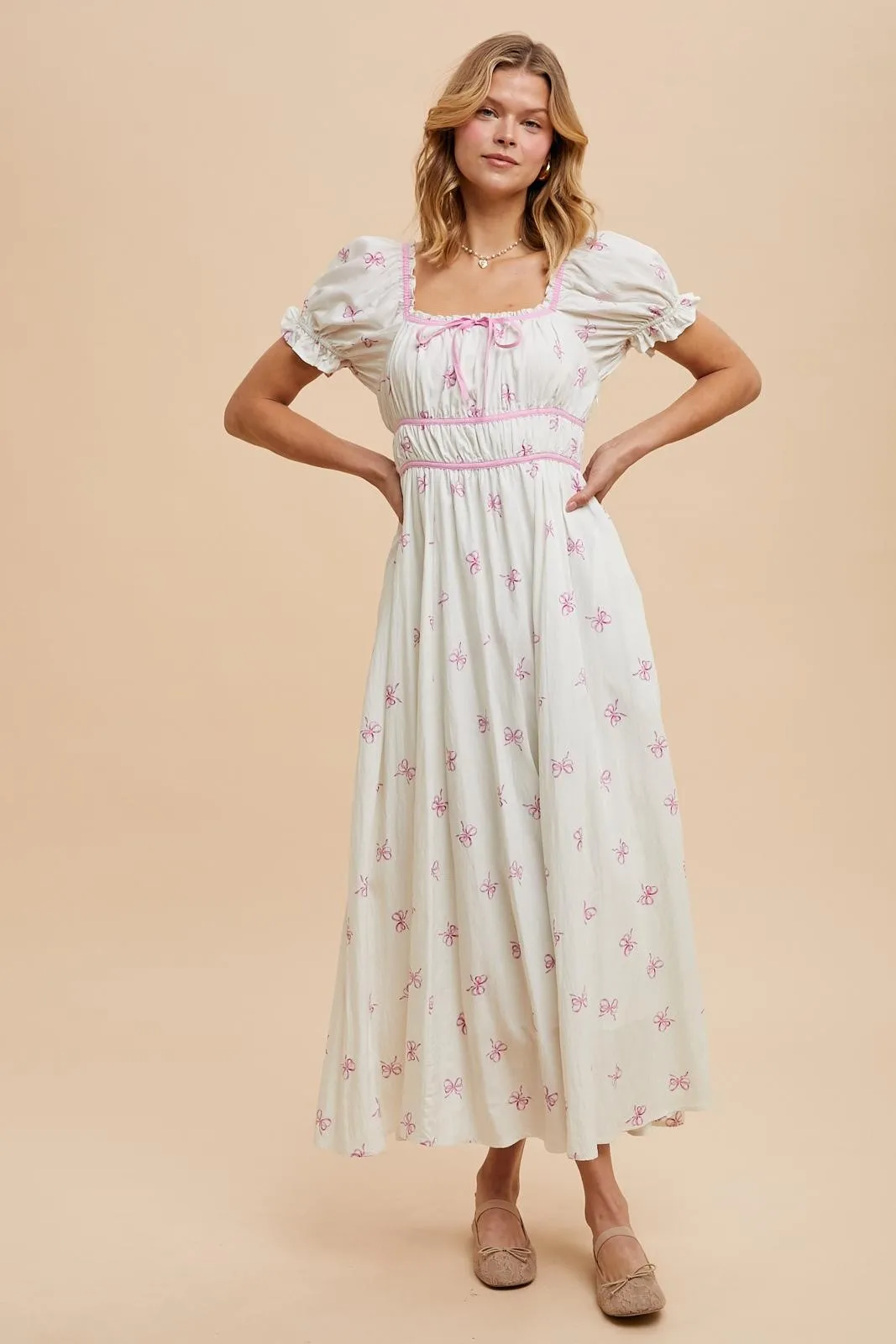 Ivory Bow Print Shirred Bodice Puff Sleeve Dress sold by Pinkblush