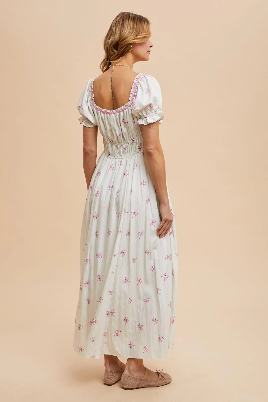 Ivory Bow Print Shirred Bodice Puff Sleeve Dress sold by Pinkblush product image thumbnail 5