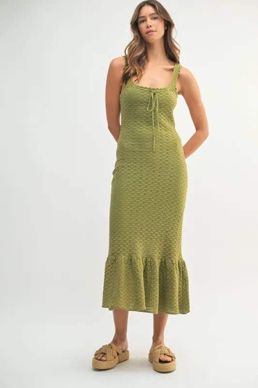 Light Olive Crochet Knit Front Tie Midi Dress sold by Pinkblush