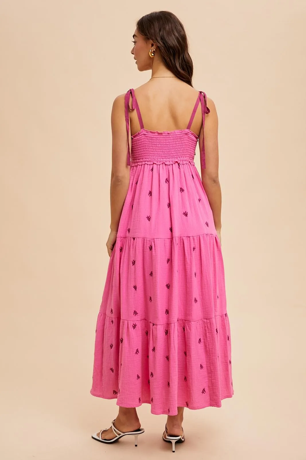 Pink Embroidered Smocked Shoulder Tie Maxi Dress sold by Pinkblush product image thumbnail 5