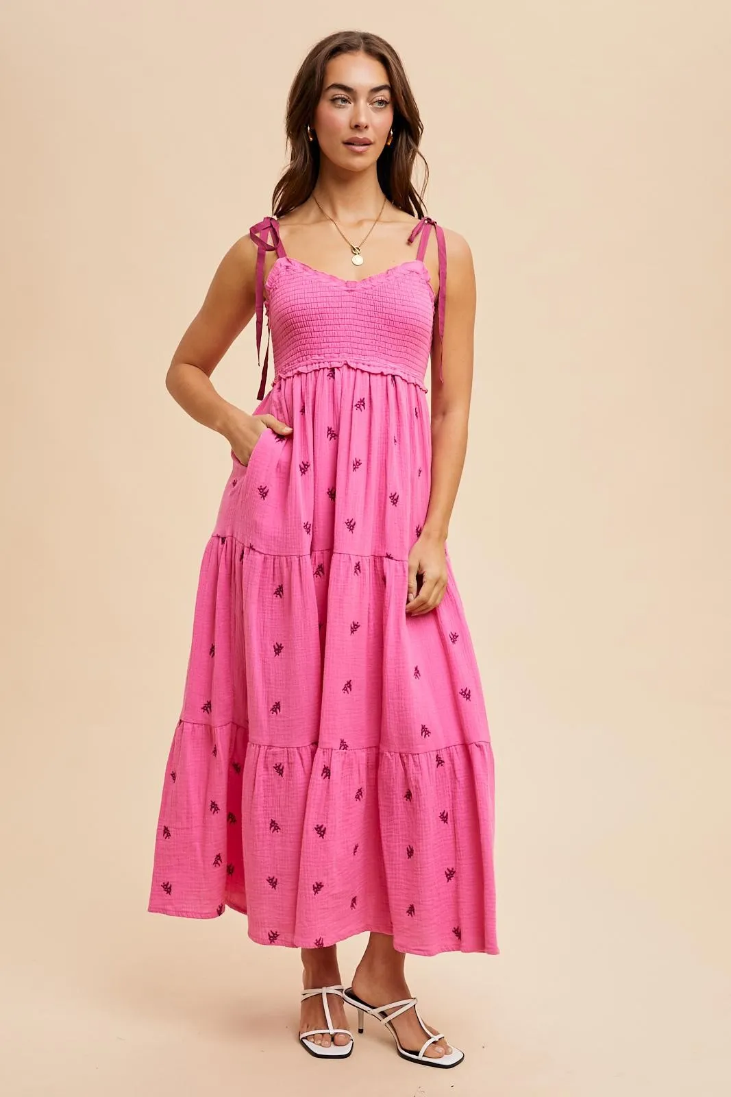 Pink Embroidered Smocked Shoulder Tie Maxi Dress sold by Pinkblush product image thumbnail 2
