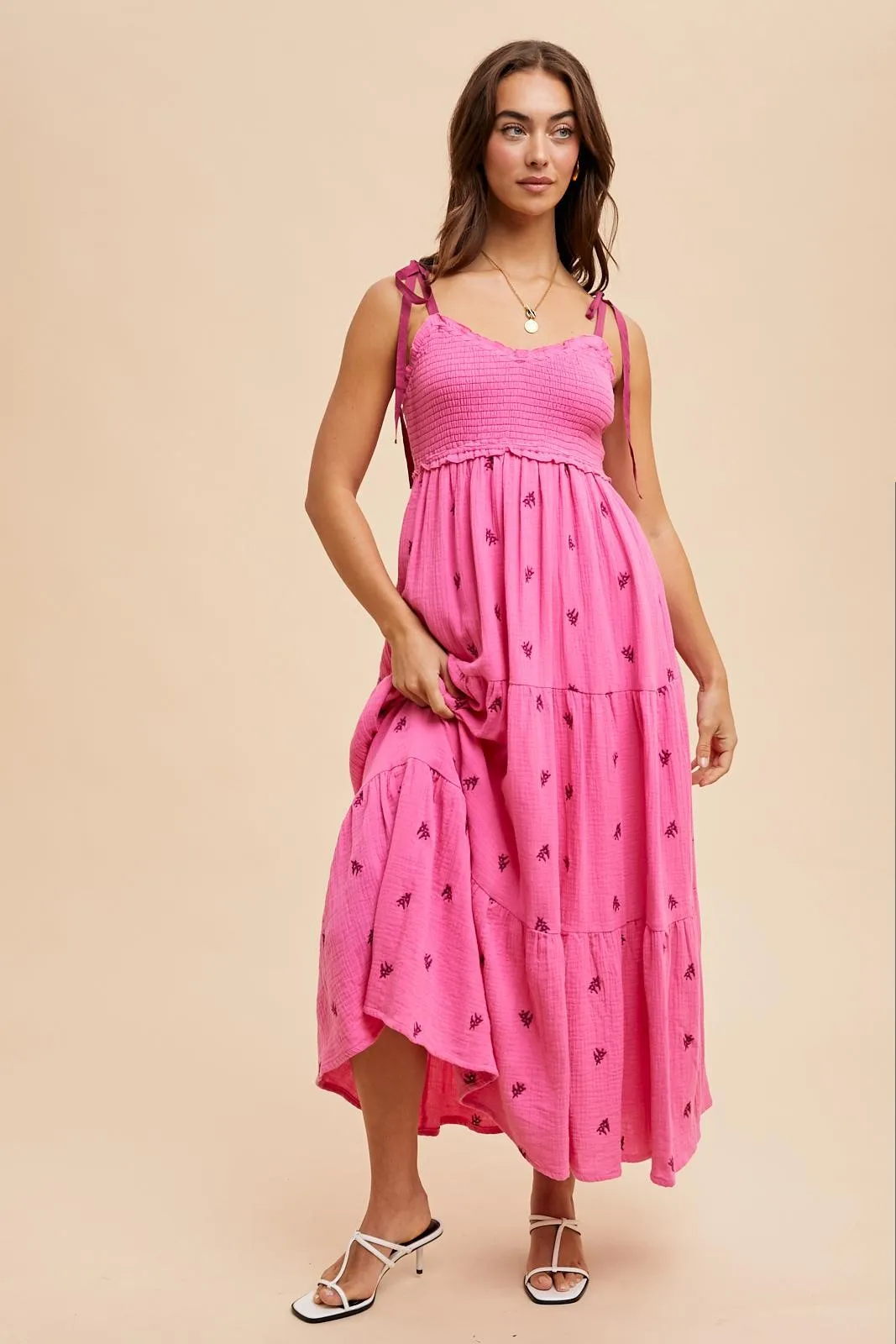 Pink Embroidered Smocked Shoulder Tie Maxi Dress sold by Pinkblush product image thumbnail 3