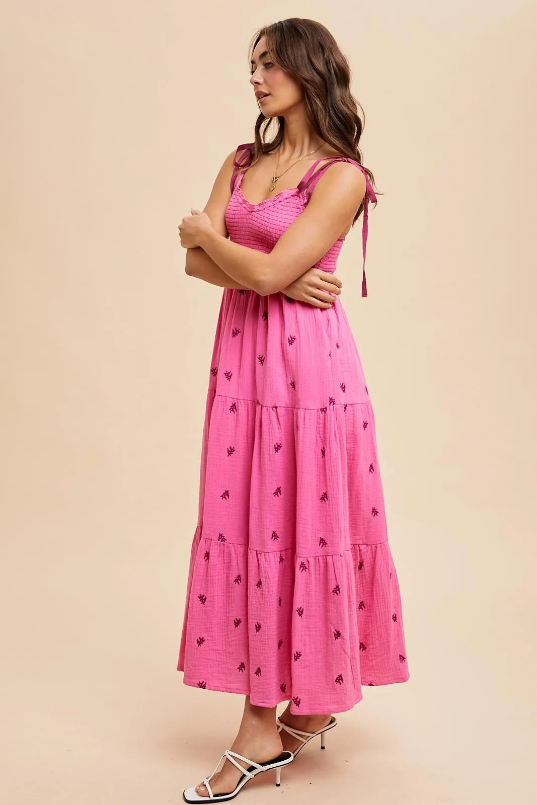 Pink Embroidered Smocked Shoulder Tie Maxi Dress sold by Pinkblush product image thumbnail 4