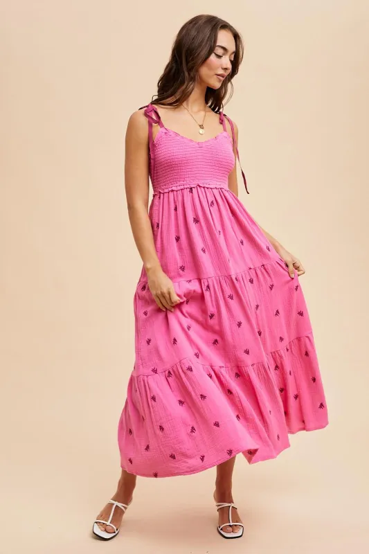Pink Embroidered Smocked Shoulder Tie Maxi Dress sold by Pinkblush