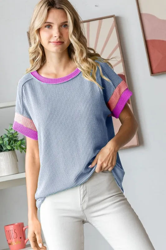 Blue Ribbed Colorblock Detail Short Sleeve Top sold by Pinkblush