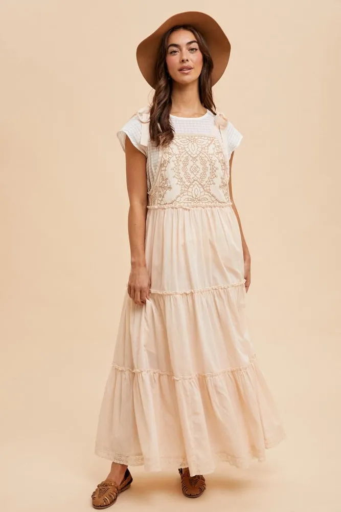 Cream Embroidered Ruffle Tiered Apron Dress sold by Pinkblush
