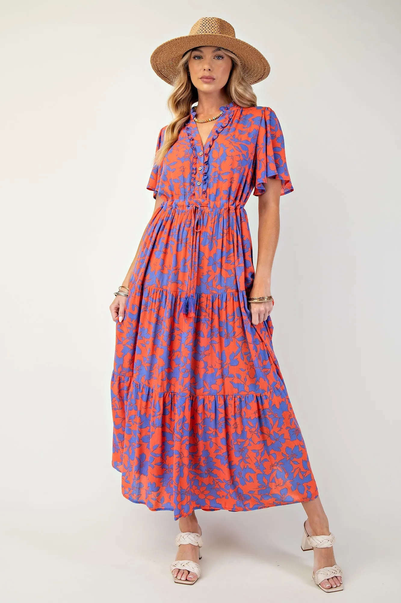 Orange Button Ruffle Detail Maxi Dress sold by Pinkblush