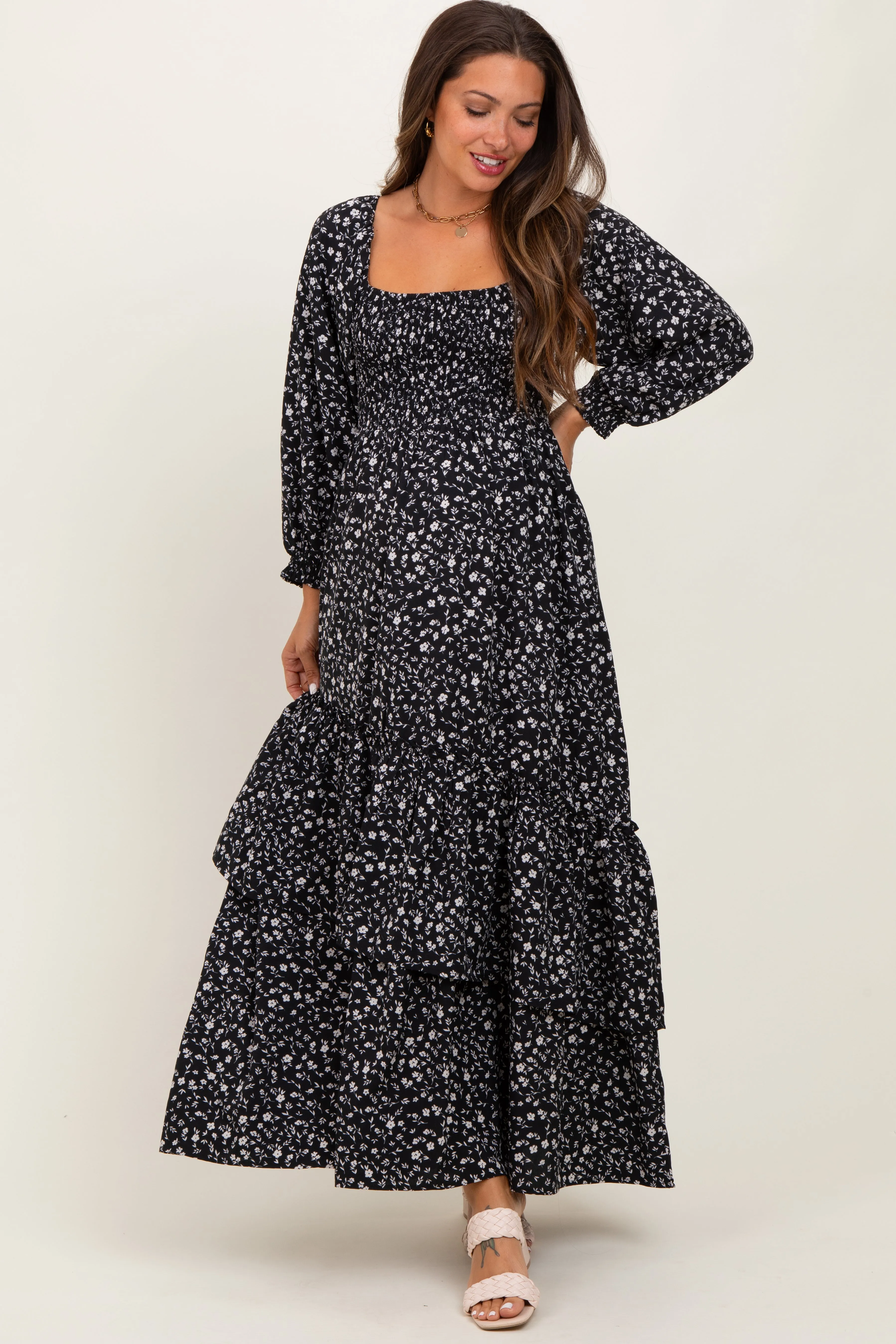 Black Floral Asymmetrical Ruffle Hem Maternity Maxi Dress sold by Pinkblush product image thumbnail 2