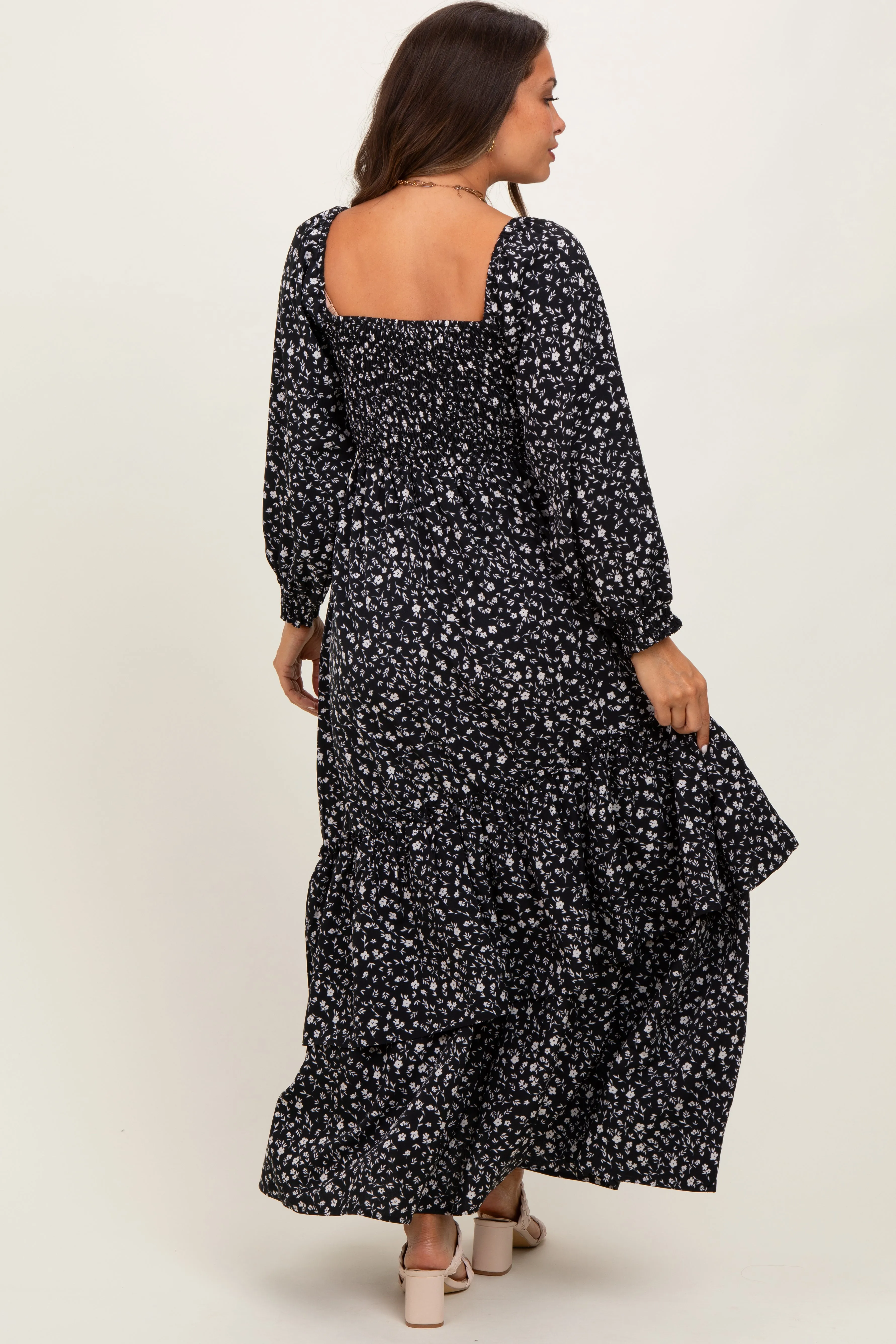 Black Floral Asymmetrical Ruffle Hem Maternity Maxi Dress sold by Pinkblush product image thumbnail 3
