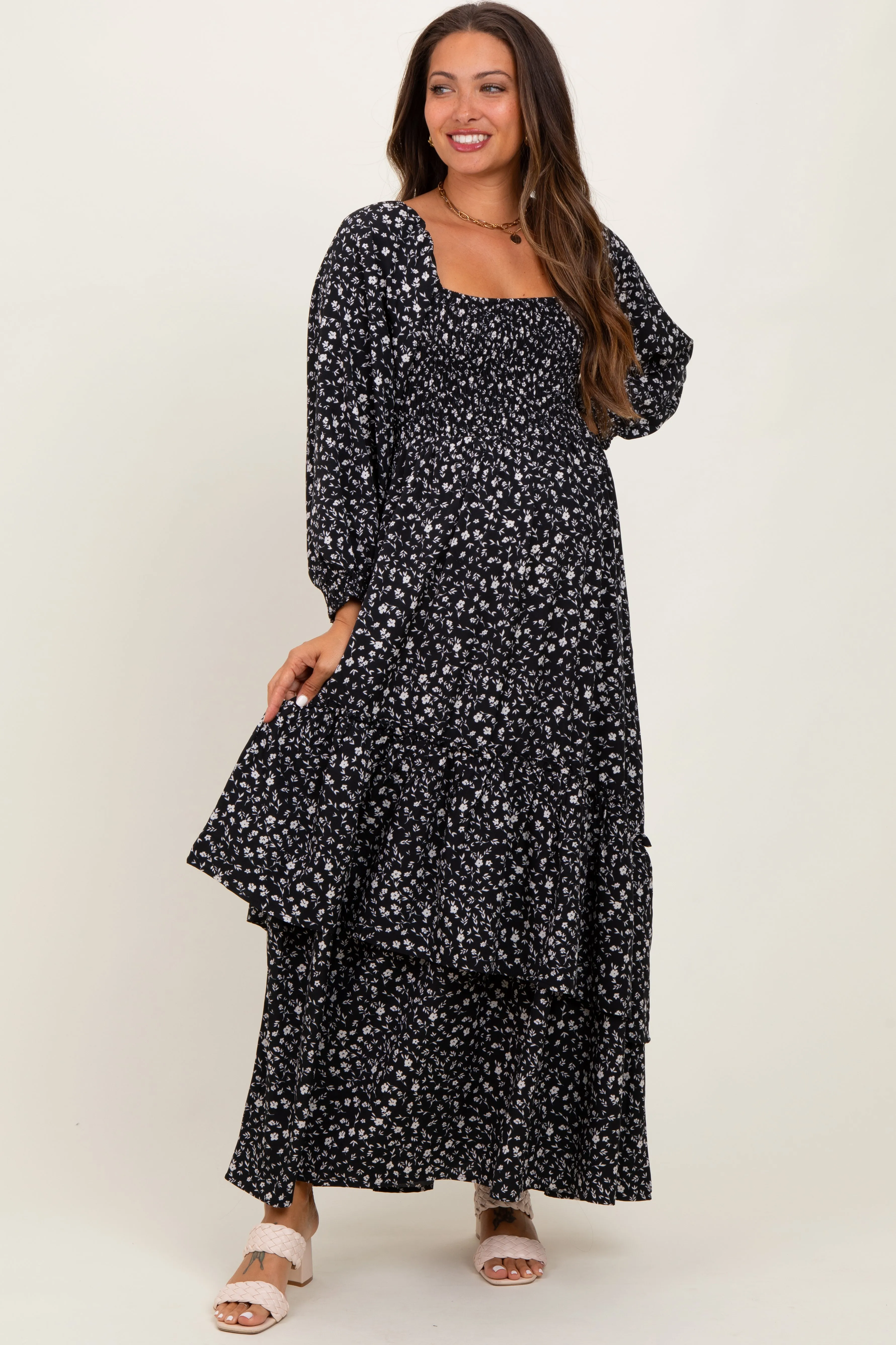 Black Floral Asymmetrical Ruffle Hem Maternity Maxi Dress sold by Pinkblush