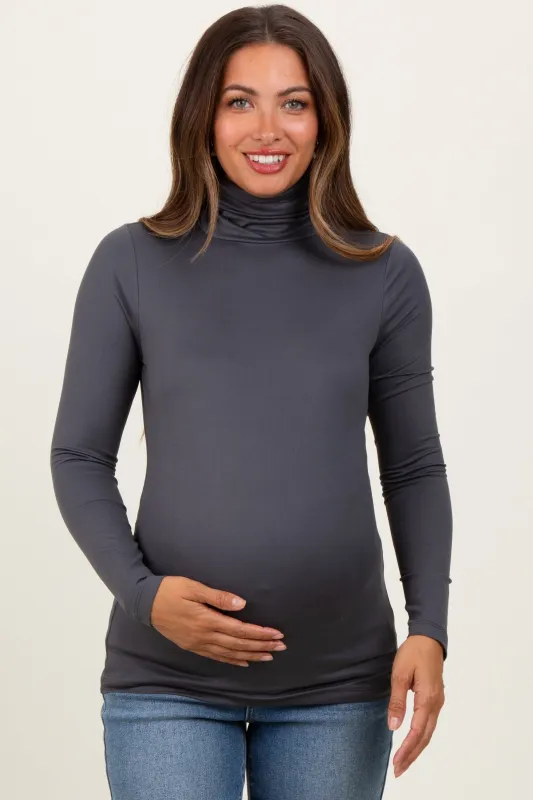 Charcoal Brushed Knit Basic Turtleneck Maternity Top sold by Pinkblush