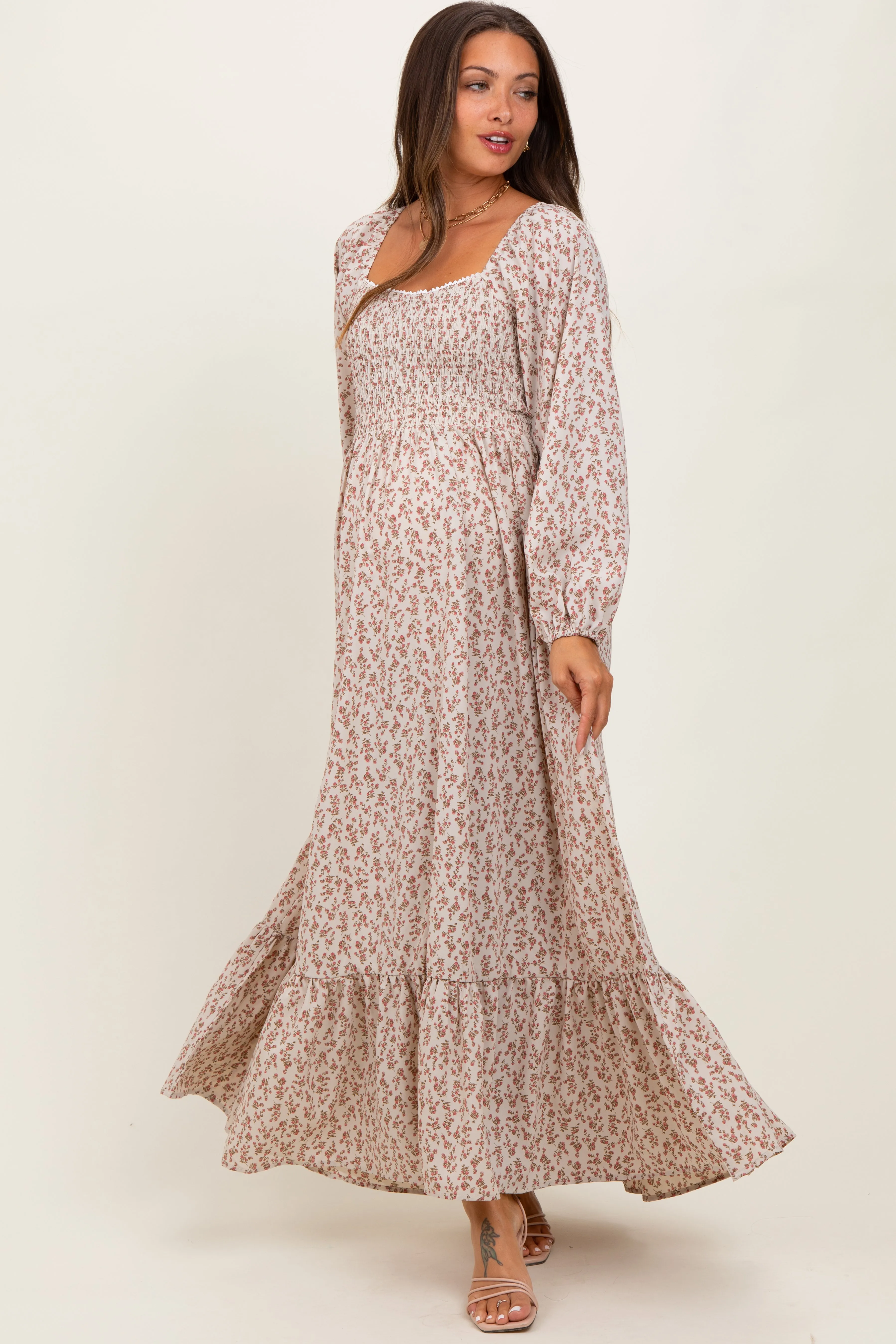 Pink Floral Smocked Lace Trim Sweetheart Maternity Maxi Dress sold by Pinkblush product image thumbnail 2