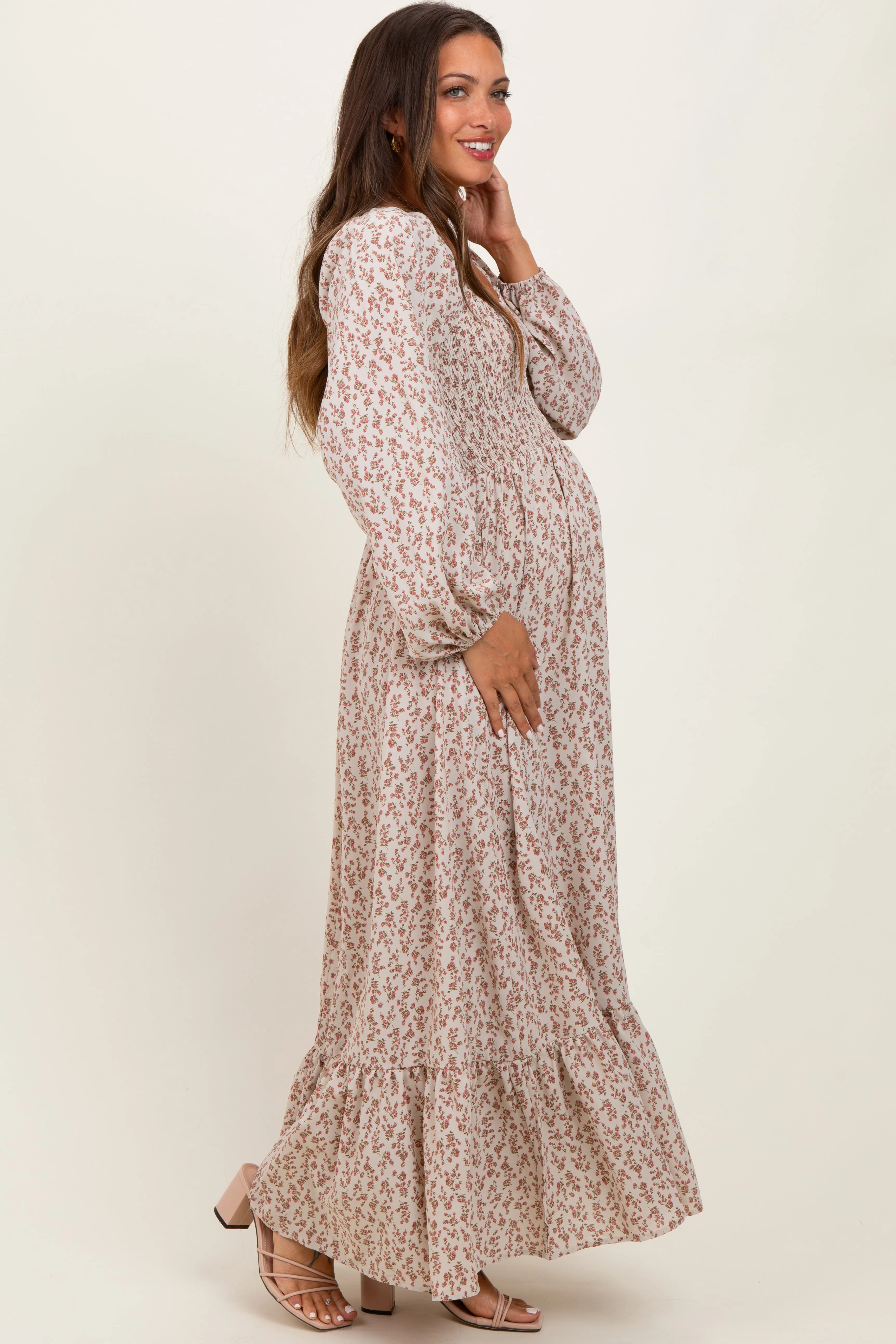 Pink Floral Smocked Lace Trim Sweetheart Maternity Maxi Dress sold by Pinkblush product image thumbnail 3