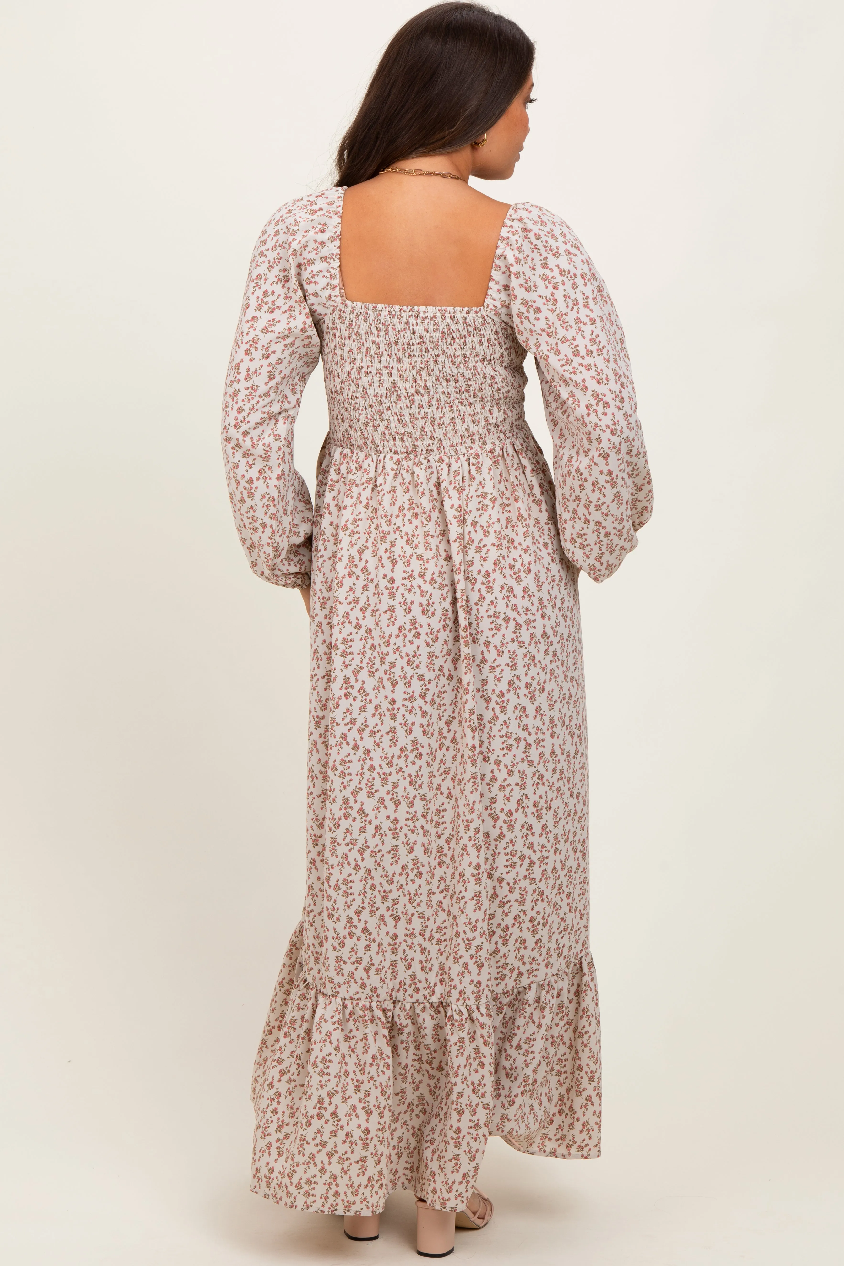 Pink Floral Smocked Lace Trim Sweetheart Maternity Maxi Dress sold by Pinkblush product image thumbnail 4