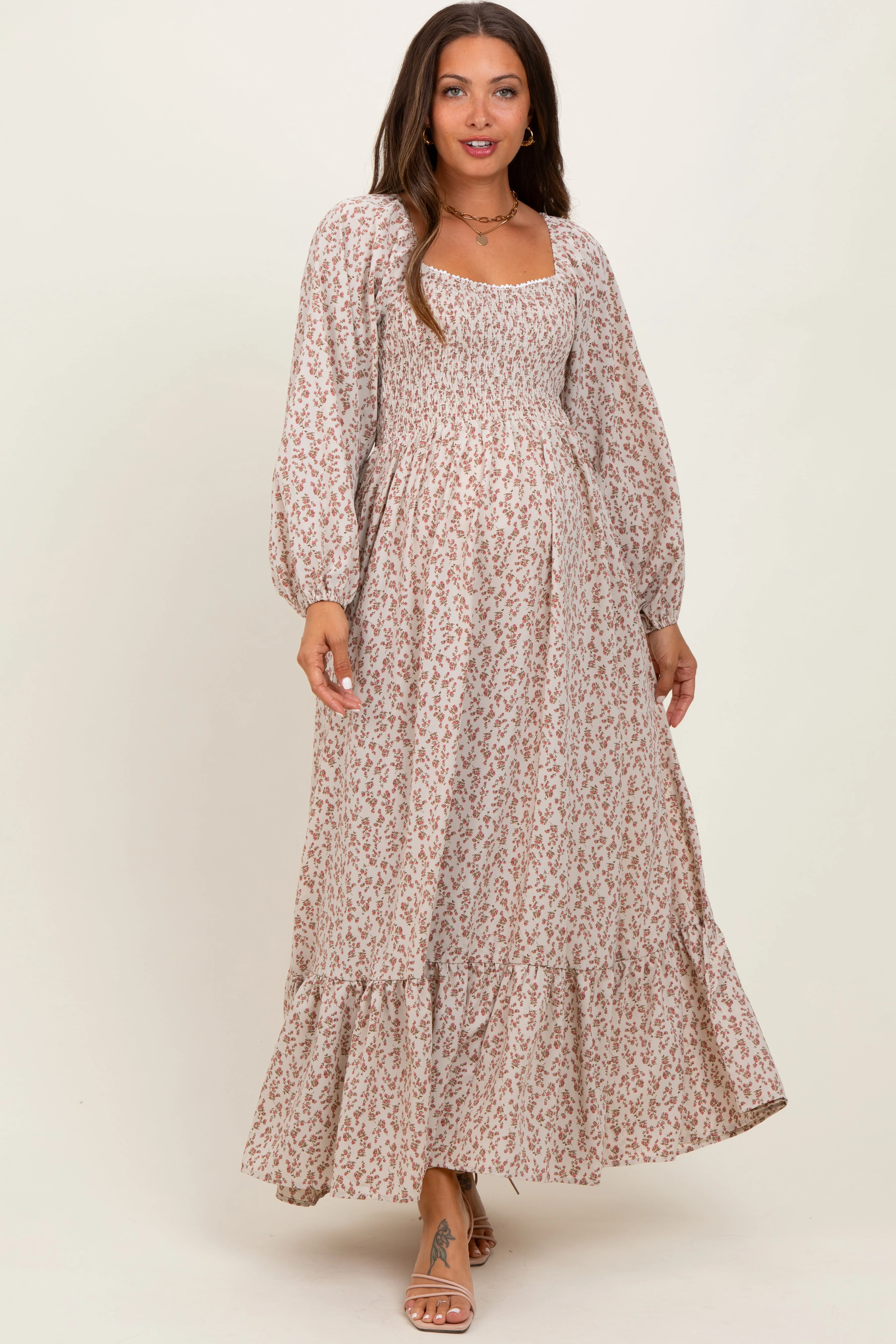 Pink Floral Smocked Lace Trim Sweetheart Maternity Maxi Dress sold by Pinkblush