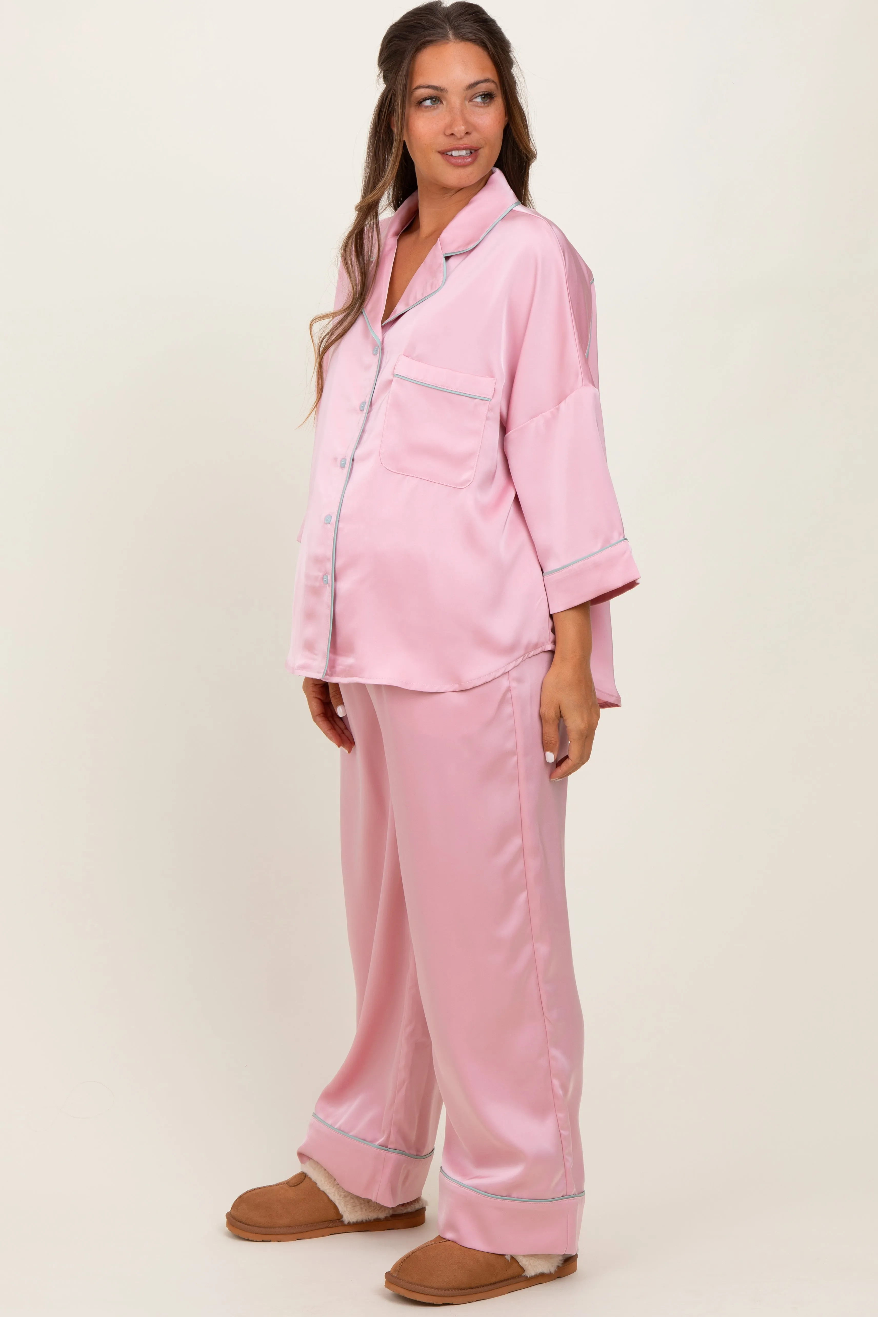 Pink Satin Contrast Trim Pajama Pant Maternity Set sold by Pinkblush product image thumbnail 2