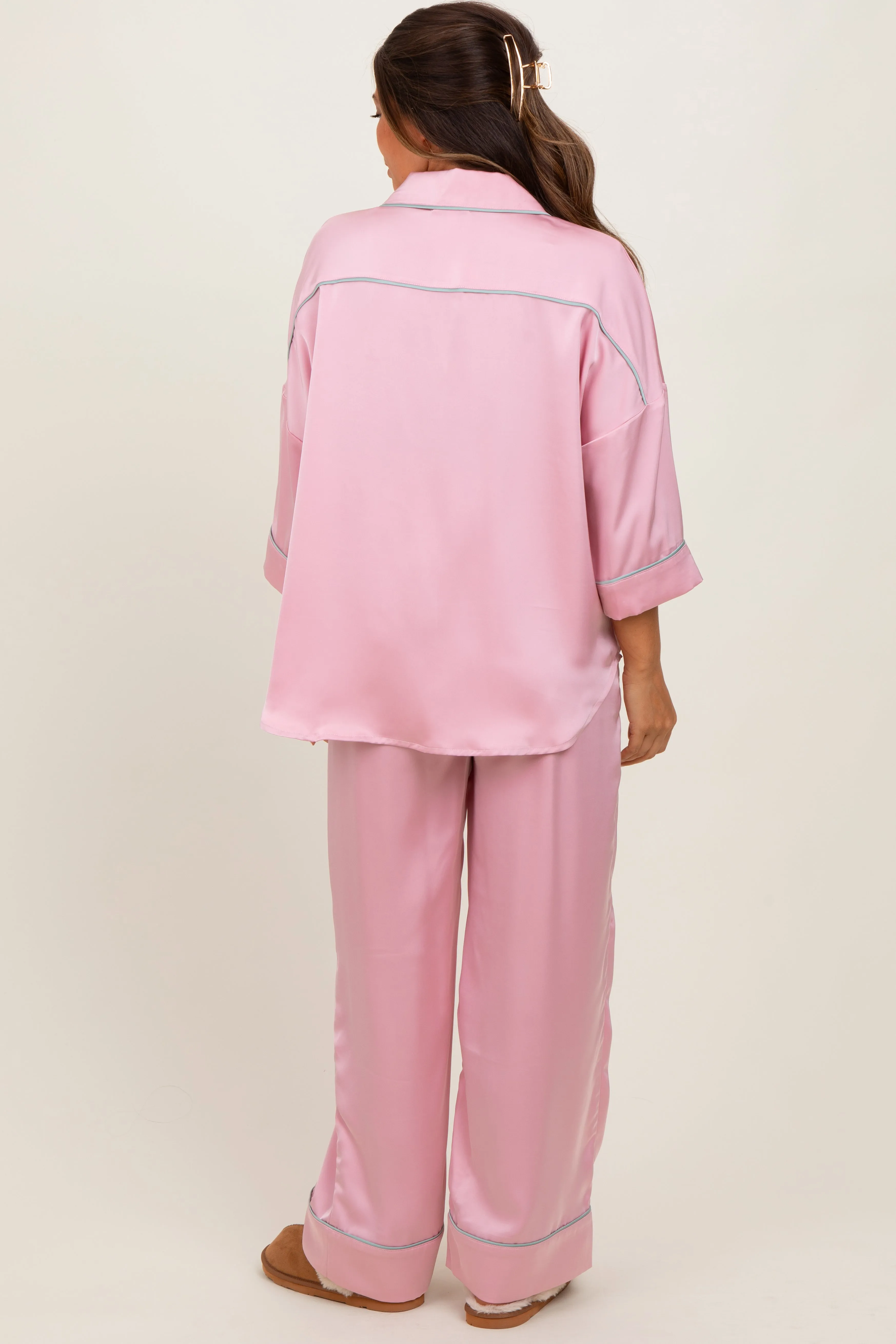 Pink Satin Contrast Trim Pajama Pant Maternity Set sold by Pinkblush product image thumbnail 3
