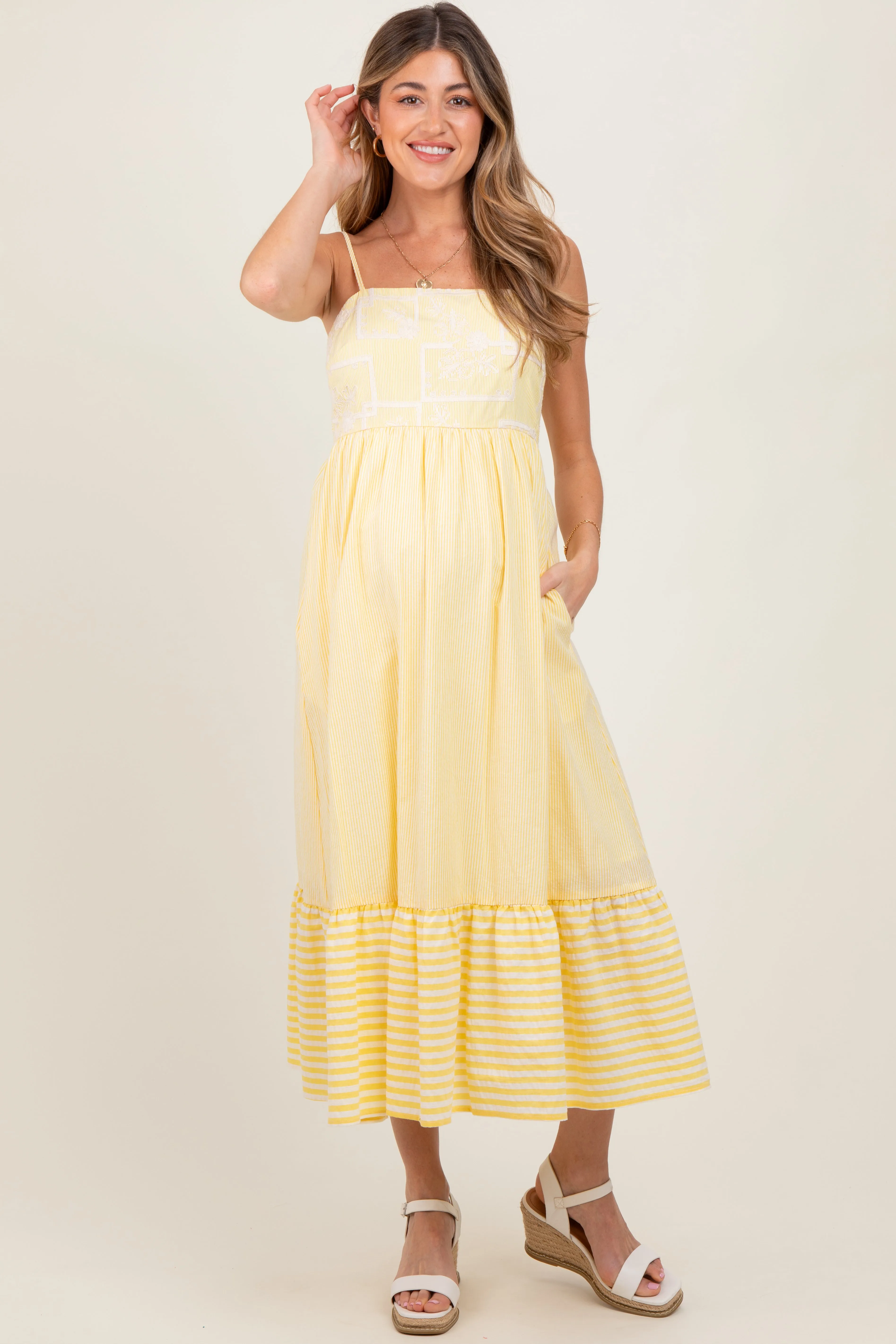 Yellow Embroidered Striped Colorblock Maternity Midi Dress sold by Pinkblush