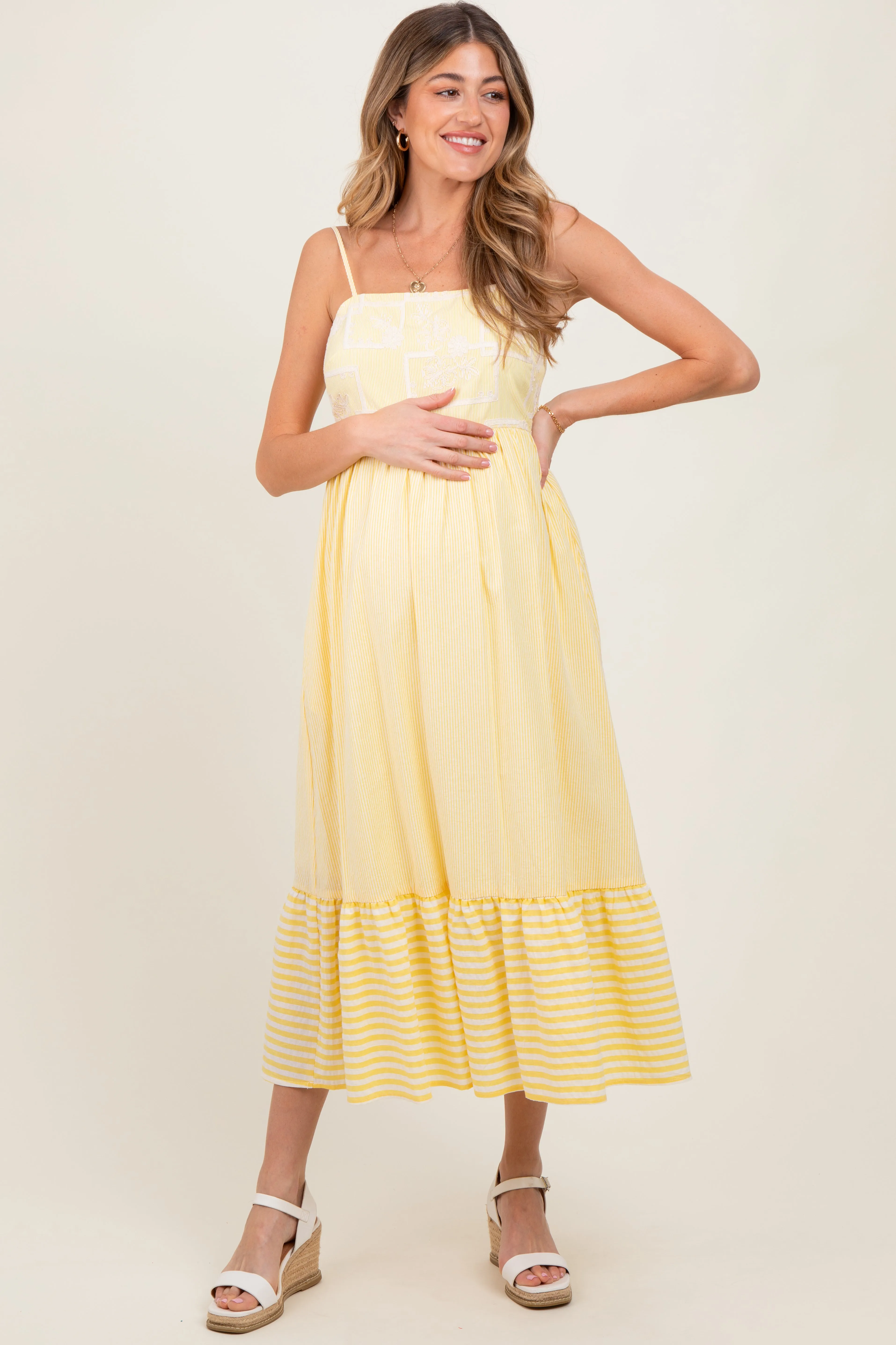 Yellow Embroidered Striped Colorblock Maternity Midi Dress sold by Pinkblush product image thumbnail 2