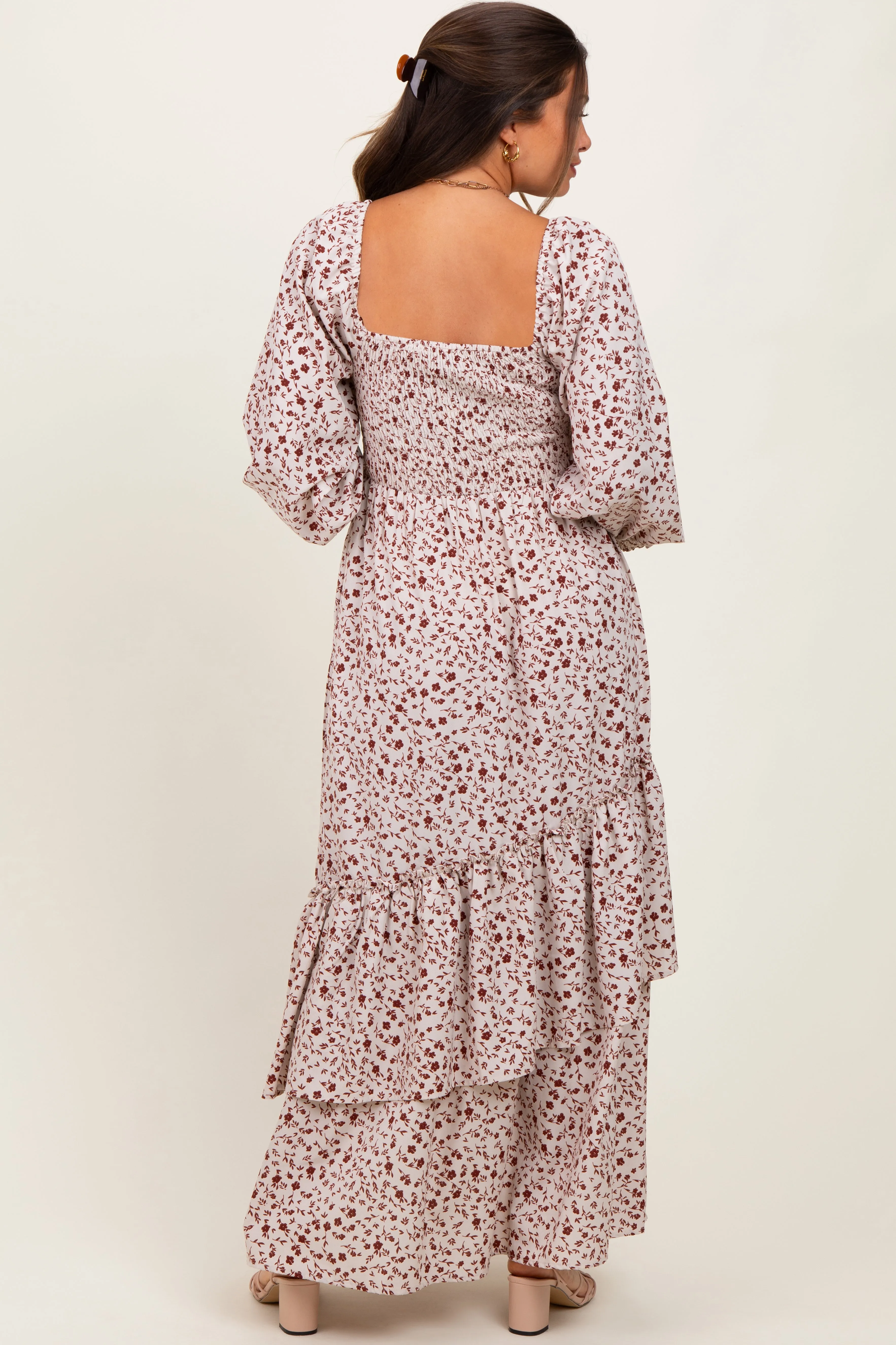Cream Floral Asymmetrical Ruffle Hem Maternity Maxi Dress sold by Pinkblush product image thumbnail 3