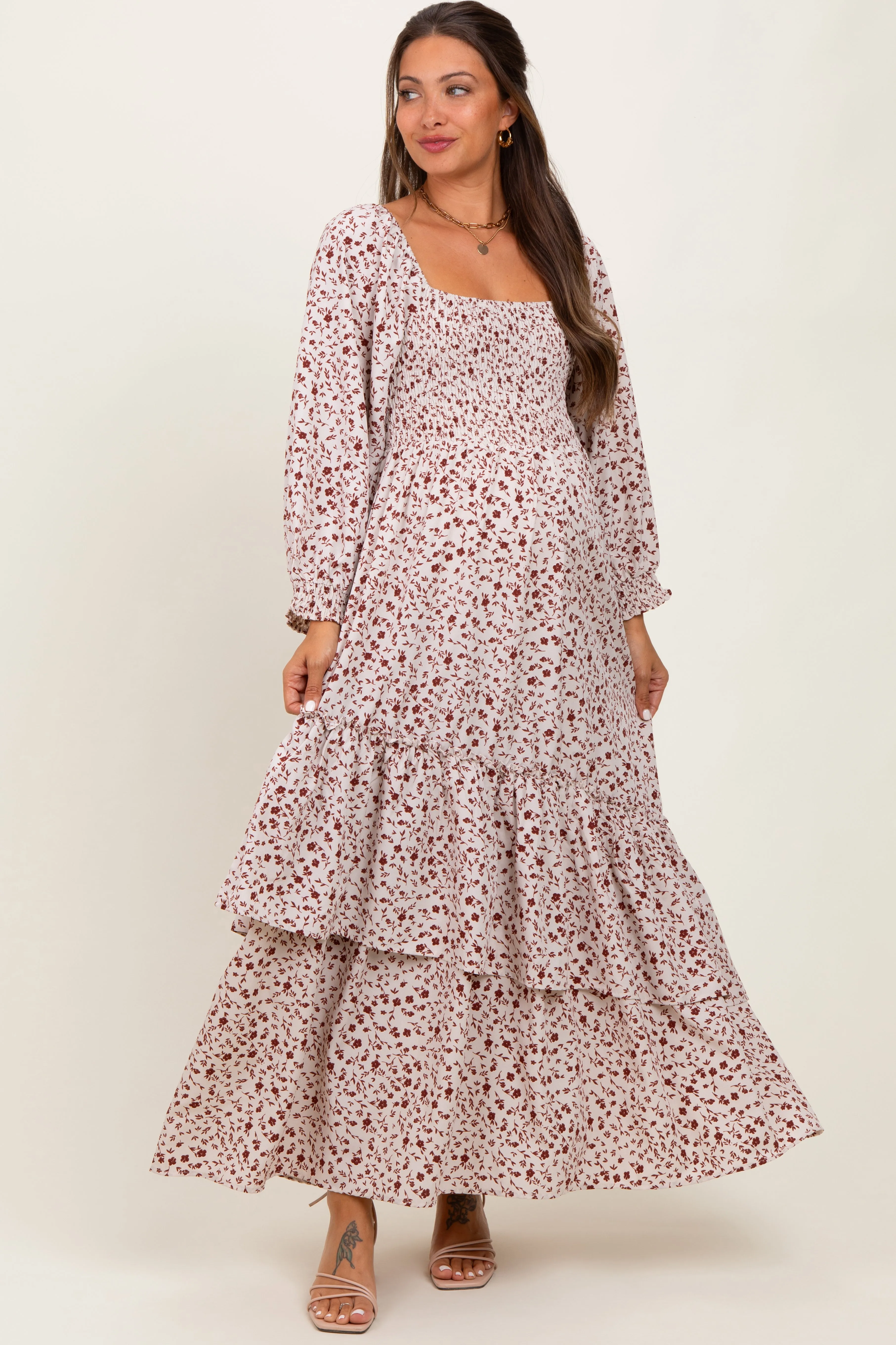Cream Floral Asymmetrical Ruffle Hem Maternity Maxi Dress sold by Pinkblush