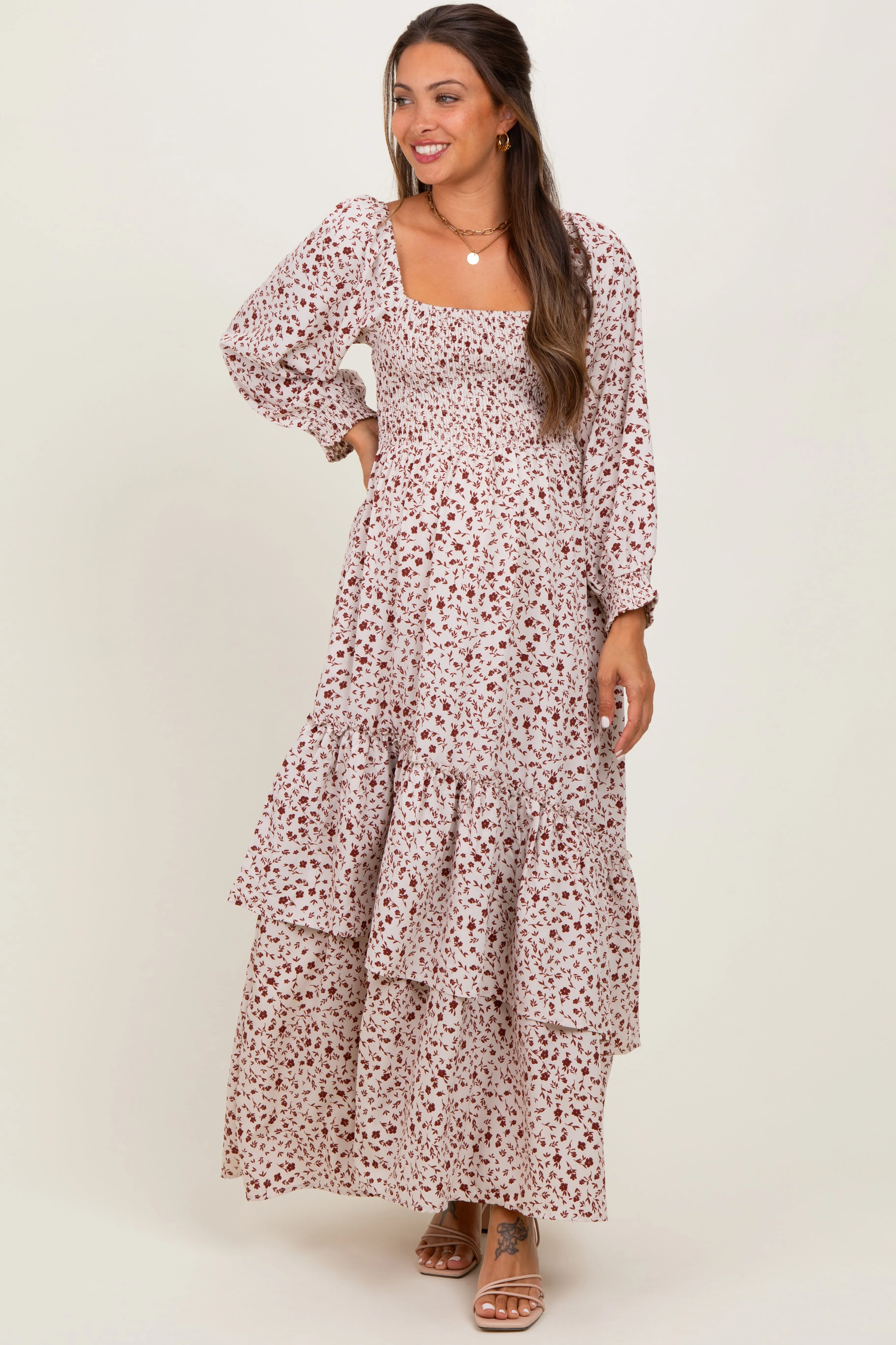 Cream Floral Asymmetrical Ruffle Hem Maternity Maxi Dress sold by Pinkblush product image thumbnail 2
