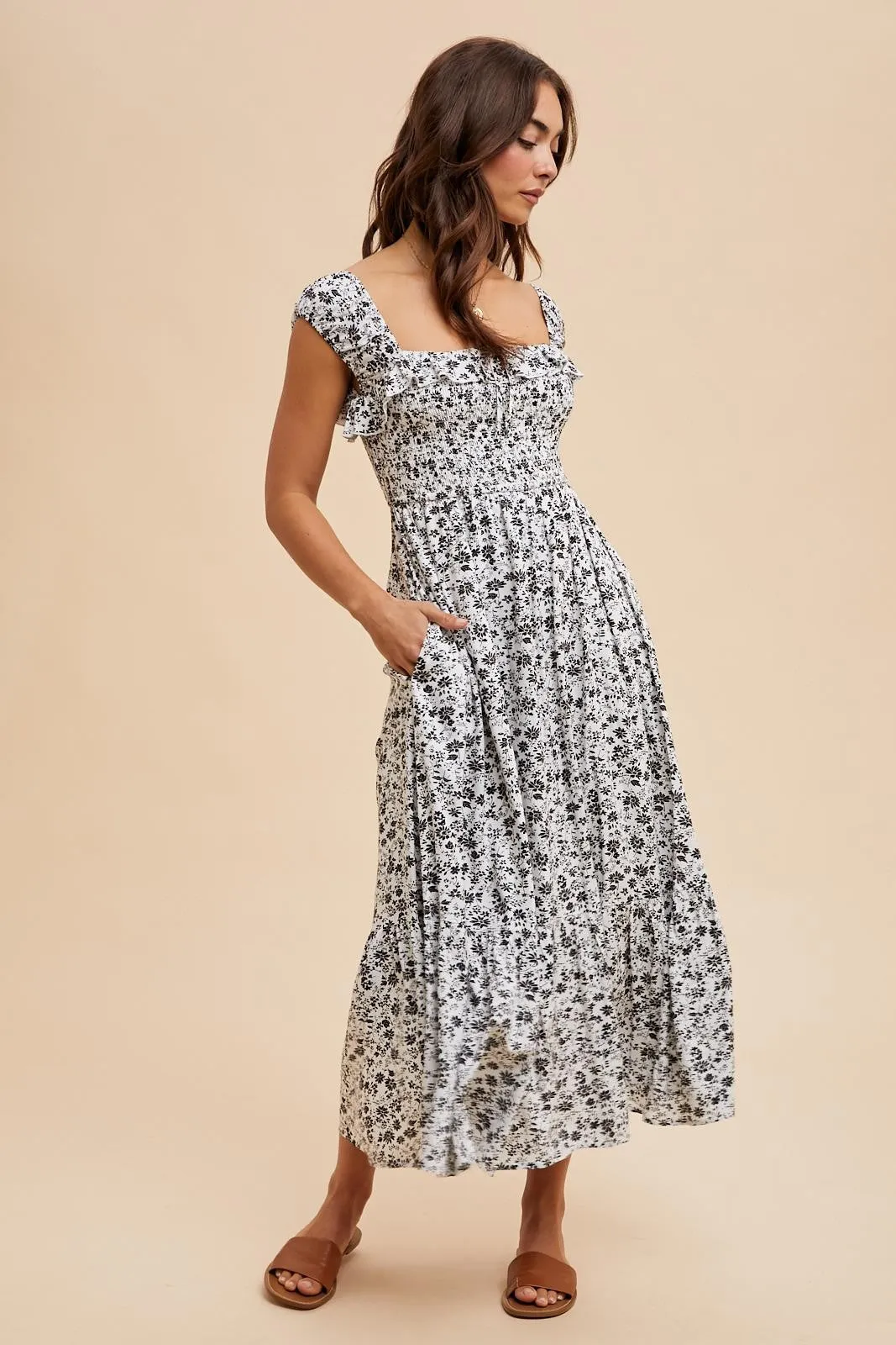 White Floral Smocked Ruffle Detail Midi Dress sold by Pinkblush product image thumbnail 2