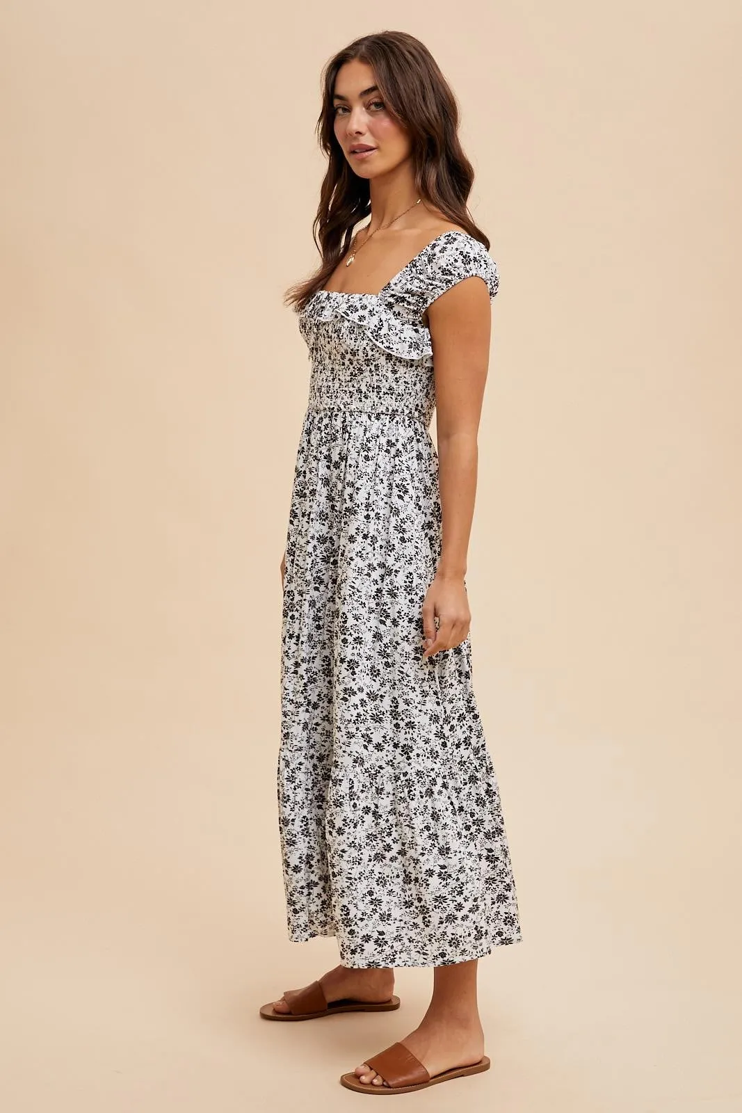 White Floral Smocked Ruffle Detail Midi Dress sold by Pinkblush product image thumbnail 3