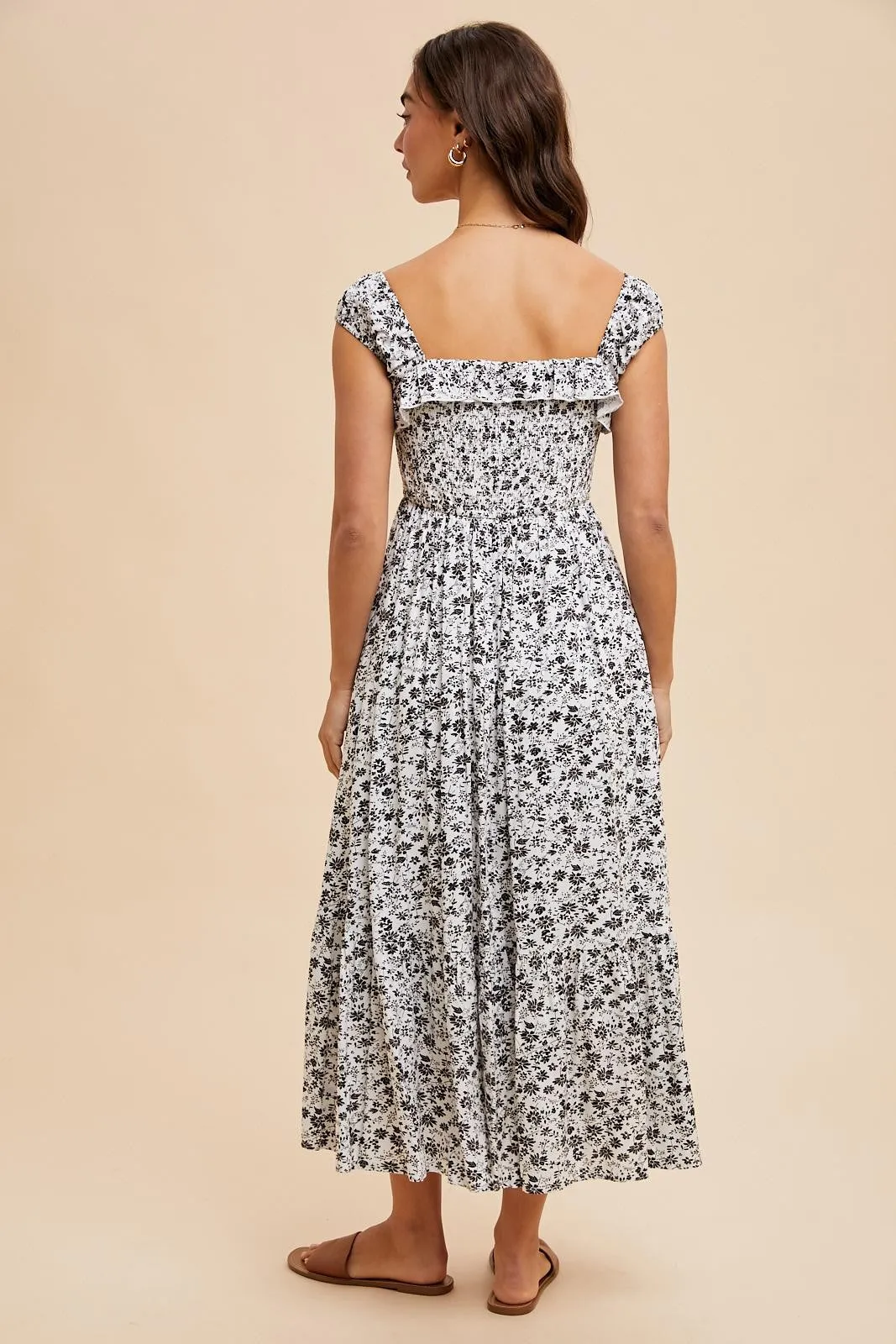 White Floral Smocked Ruffle Detail Midi Dress sold by Pinkblush product image thumbnail 4