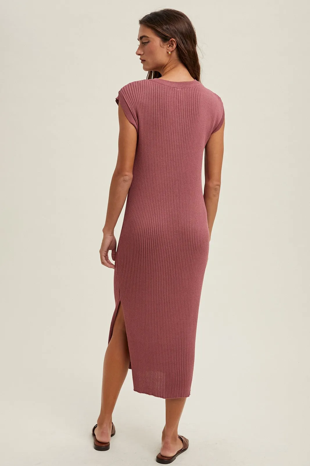 Mauve Ribbed Knit Button Up Sleeveless Midi Dress sold by Pinkblush product image thumbnail 4
