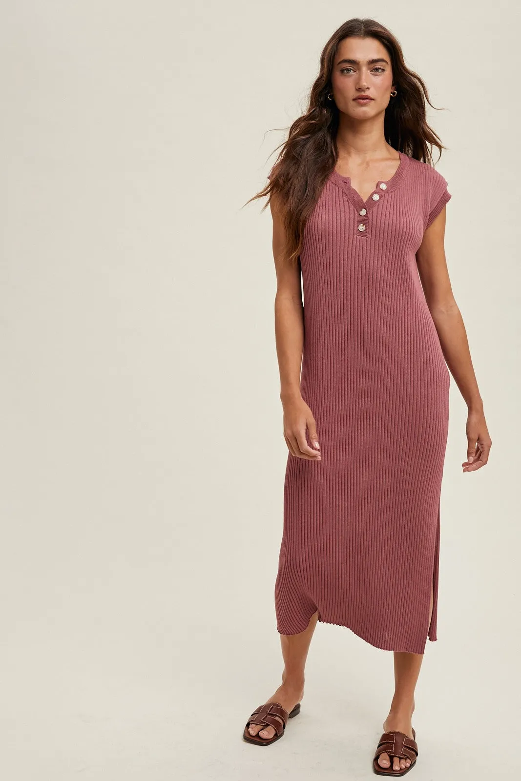 Mauve Ribbed Knit Button Up Sleeveless Midi Dress sold by Pinkblush product image thumbnail 2