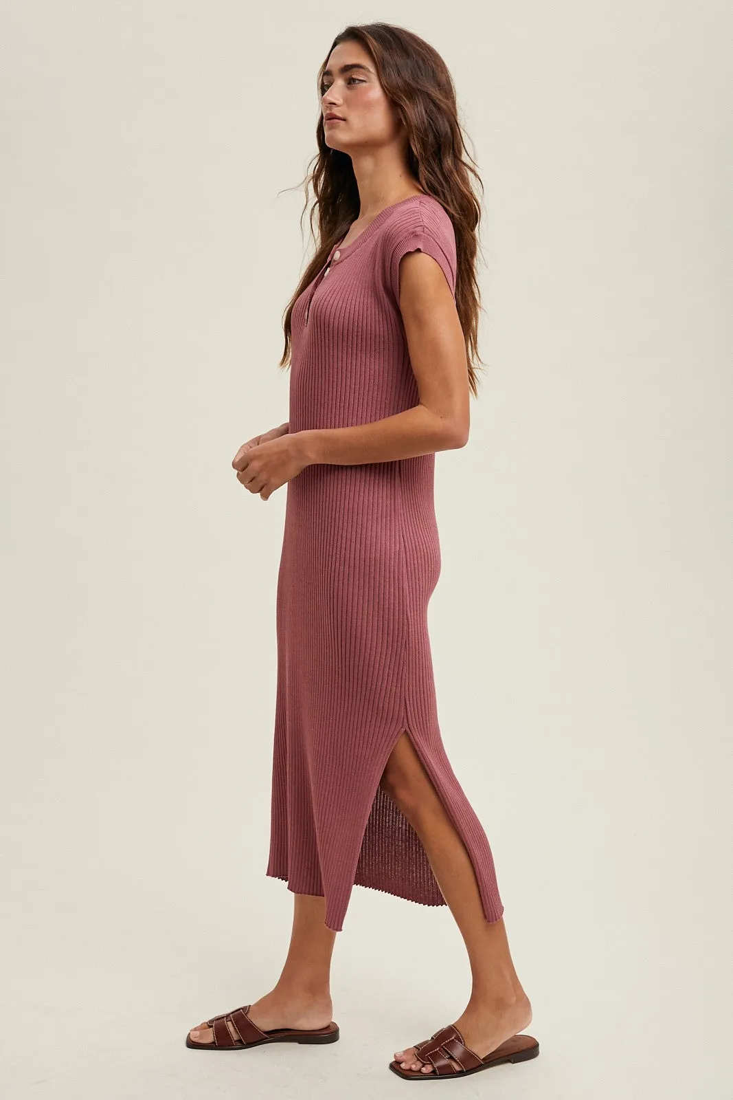 Mauve Ribbed Knit Button Up Sleeveless Midi Dress sold by Pinkblush product image thumbnail 3