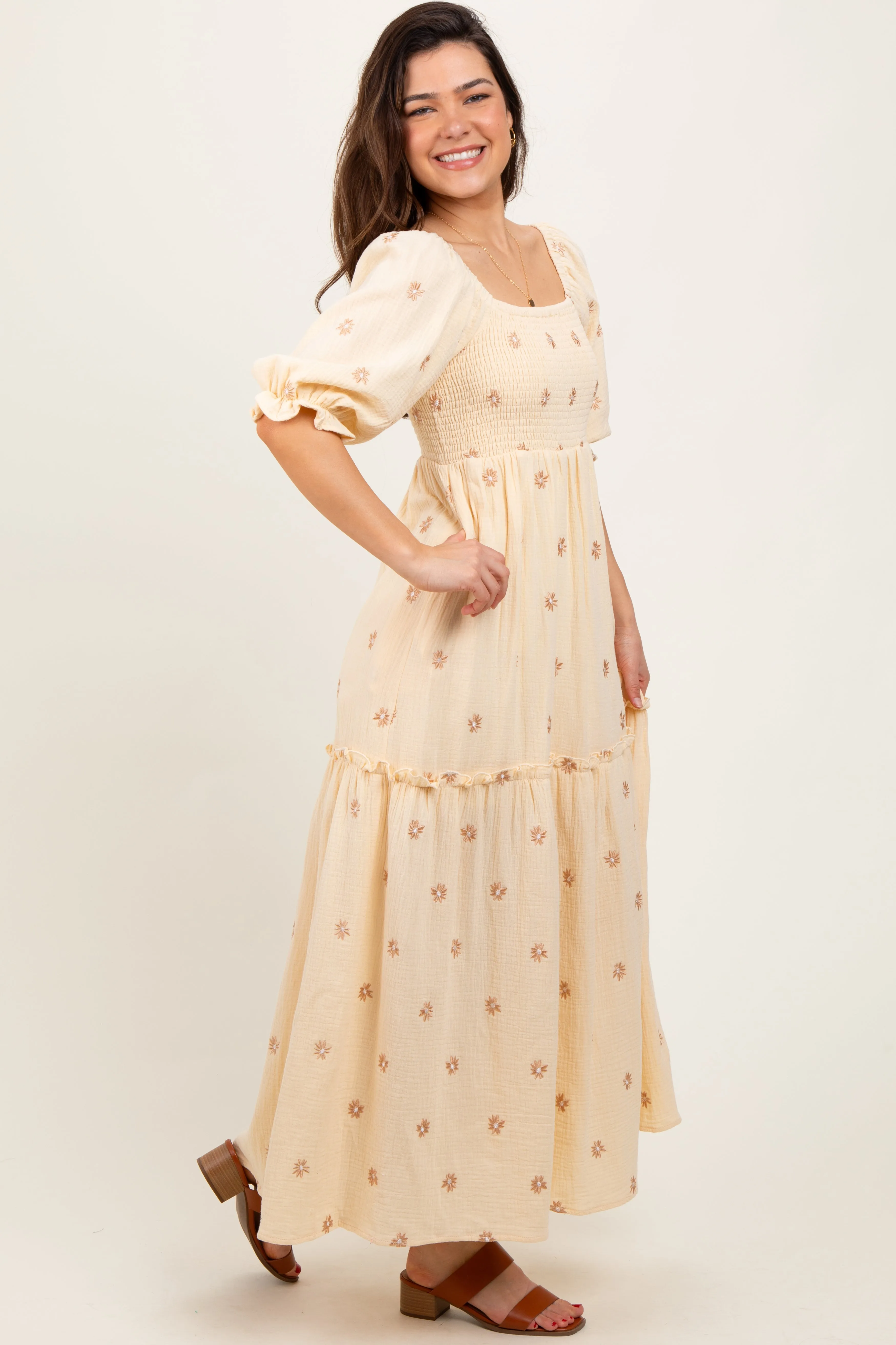 Cream Floral Smocked Puff Sleeve Maxi Dress sold by Pinkblush product image thumbnail 3