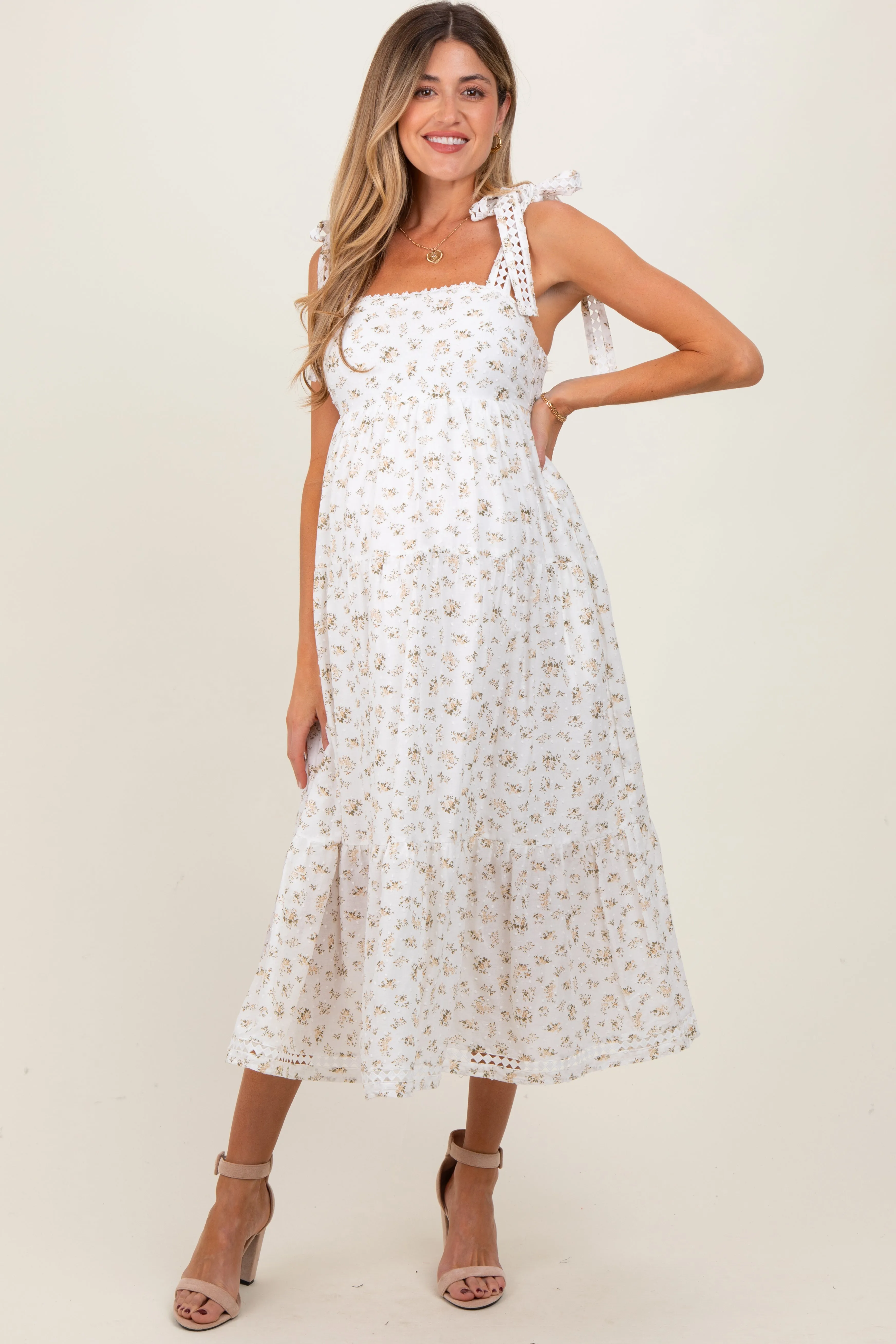 Light Yellow Floral Shoulder Tie Maternity Midi Dress sold by Pinkblush product image thumbnail 2