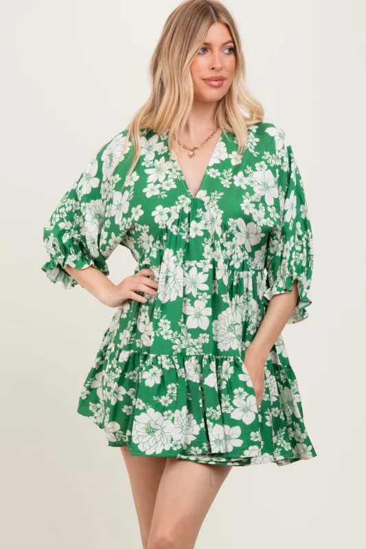Green Floral Deep V-Neck Mini Dress made by Pinkblush