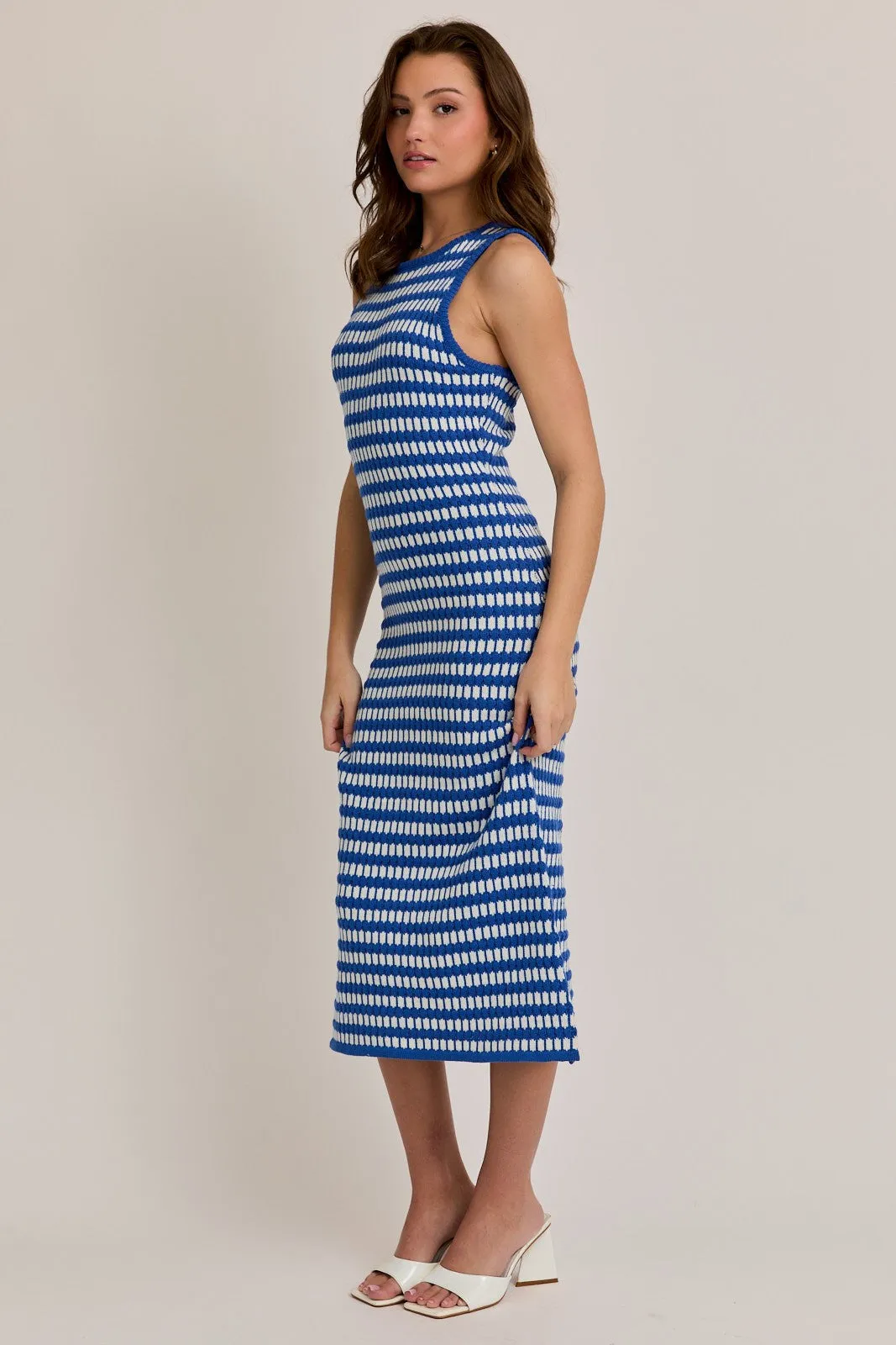 Blue-White Stripe Sleeveless Round Neck Knit Midi Dress sold by Pinkblush product image thumbnail 2