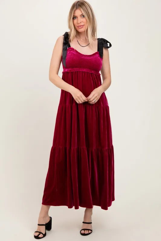 Burgundy Velvet Smocked Satin Shoulder Tie Maxi Dress sold by Pinkblush