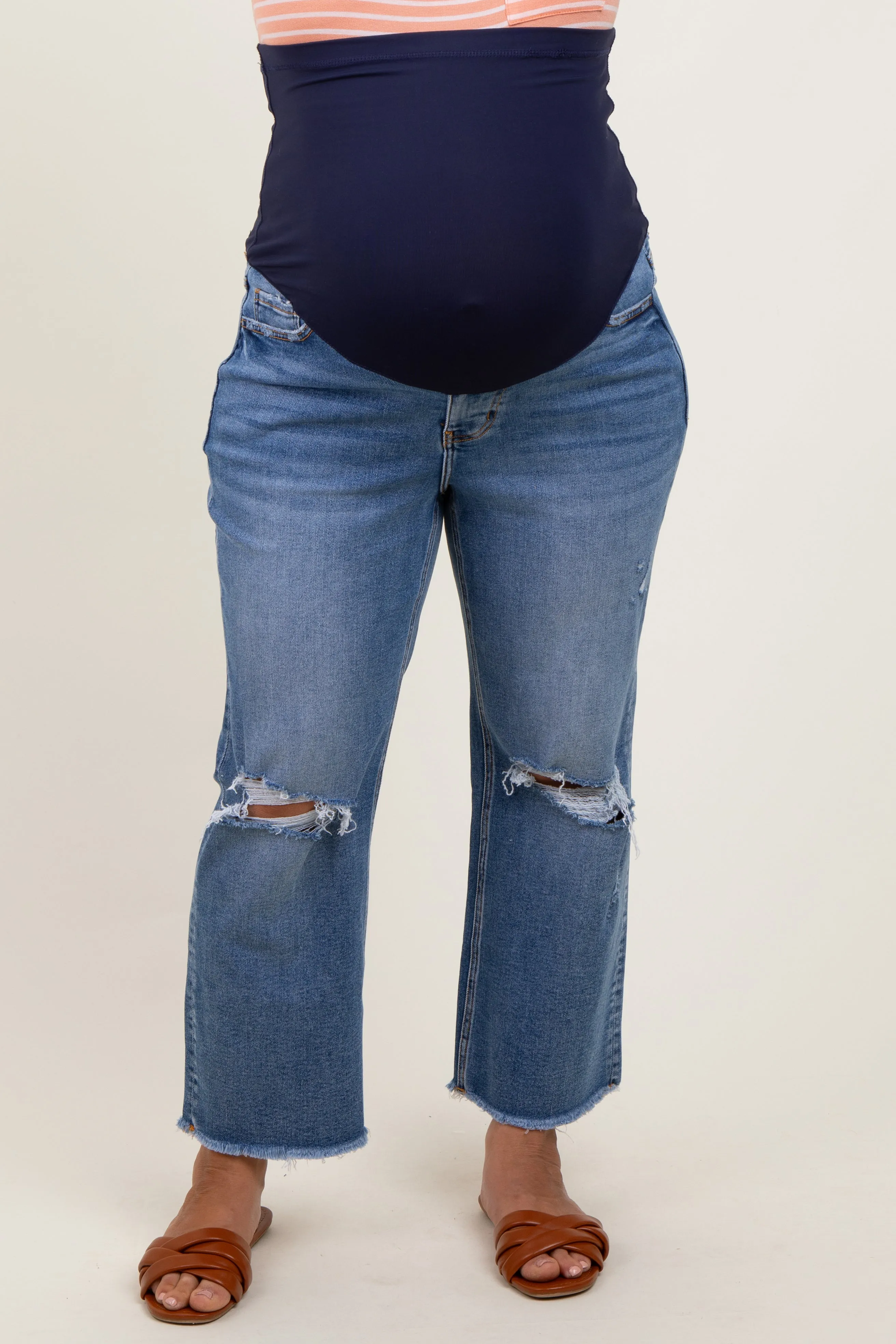 Blue Open Knee Fringe Hem Cropped Wide Leg Maternity Plus Jeans sold by Pinkblush product image thumbnail 3