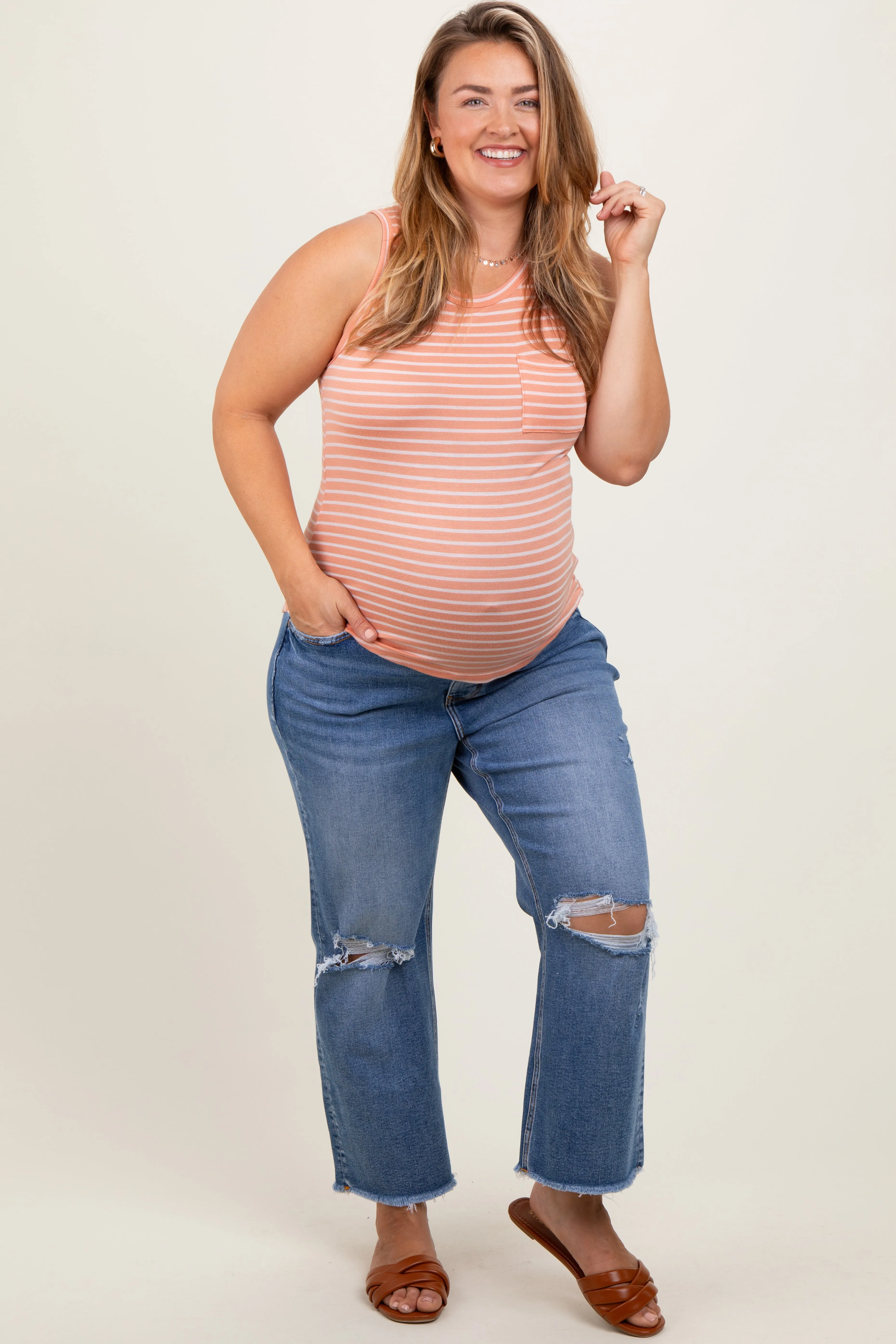 Blue Open Knee Fringe Hem Cropped Wide Leg Maternity Plus Jeans sold by Pinkblush